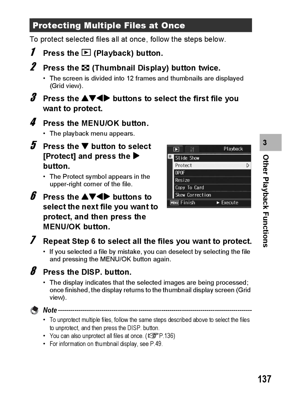 Ricoh GR Digital II 137, Protecting Multiple Files at Once, Press the button to select Protect and press the $ button 