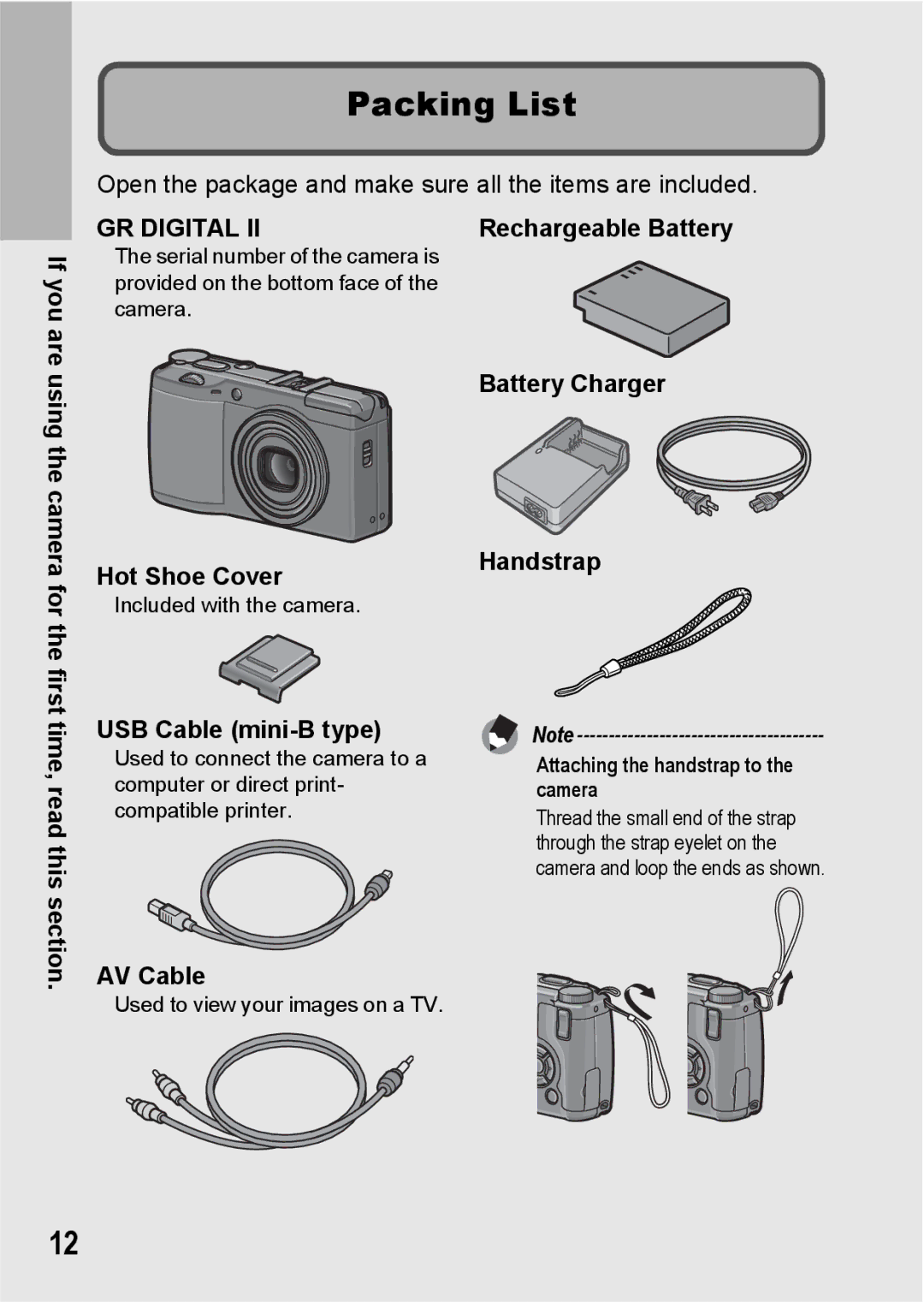 Ricoh GR Digital II manual Packing List, Hot Shoe Cover, USB Cable mini-B type, Battery Charger Handstrap, AV Cable 