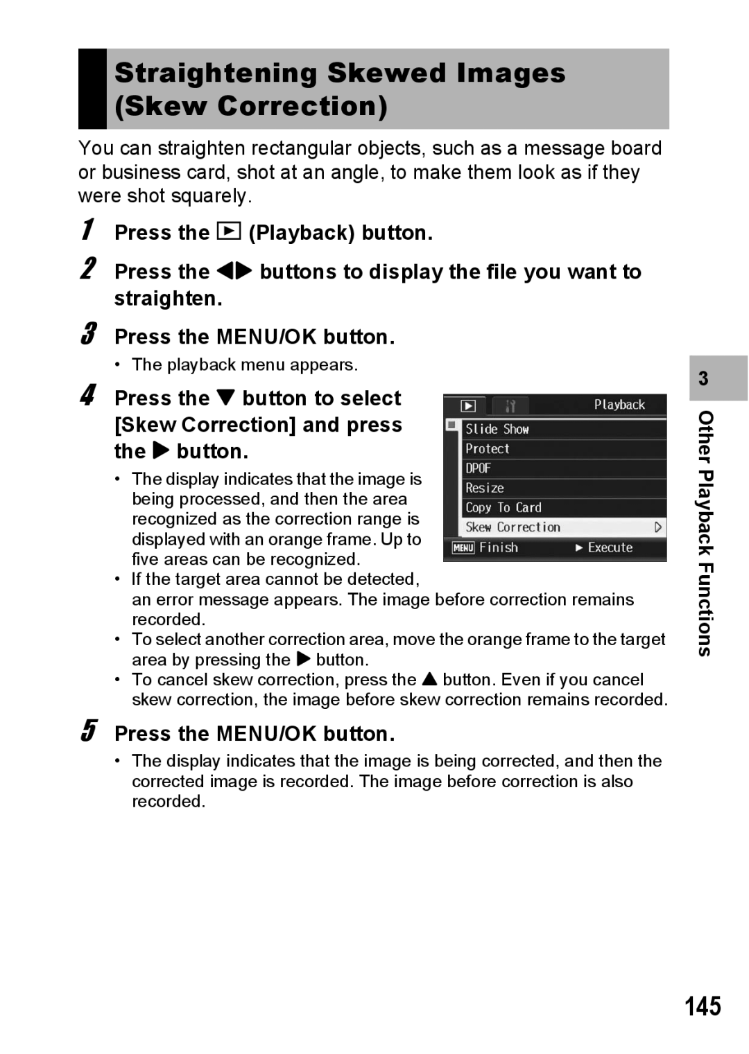 Ricoh GR Digital II manual Straightening Skewed Images Skew Correction, 145 