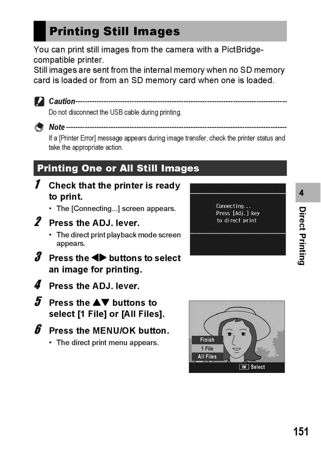 Ricoh GR Digital II Printing Still Images, 151, Printing One or All Still Images, Check that the printer is ready to print 