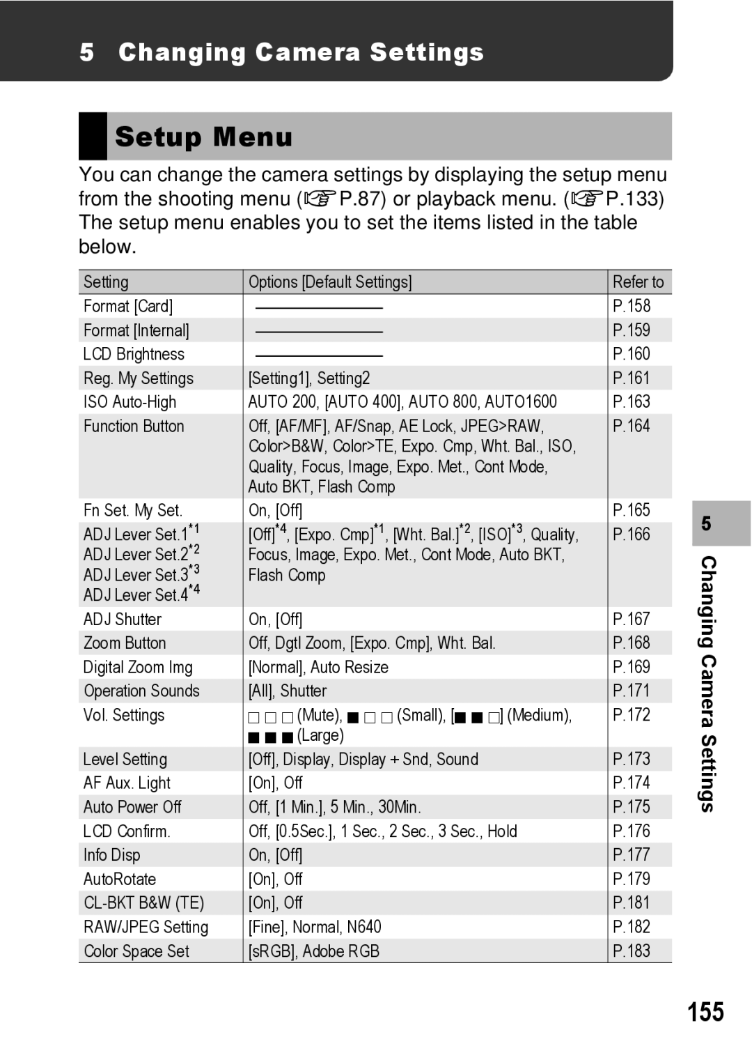 Ricoh GR Digital II manual Setup Menu, 155, Changing Camera Settings 