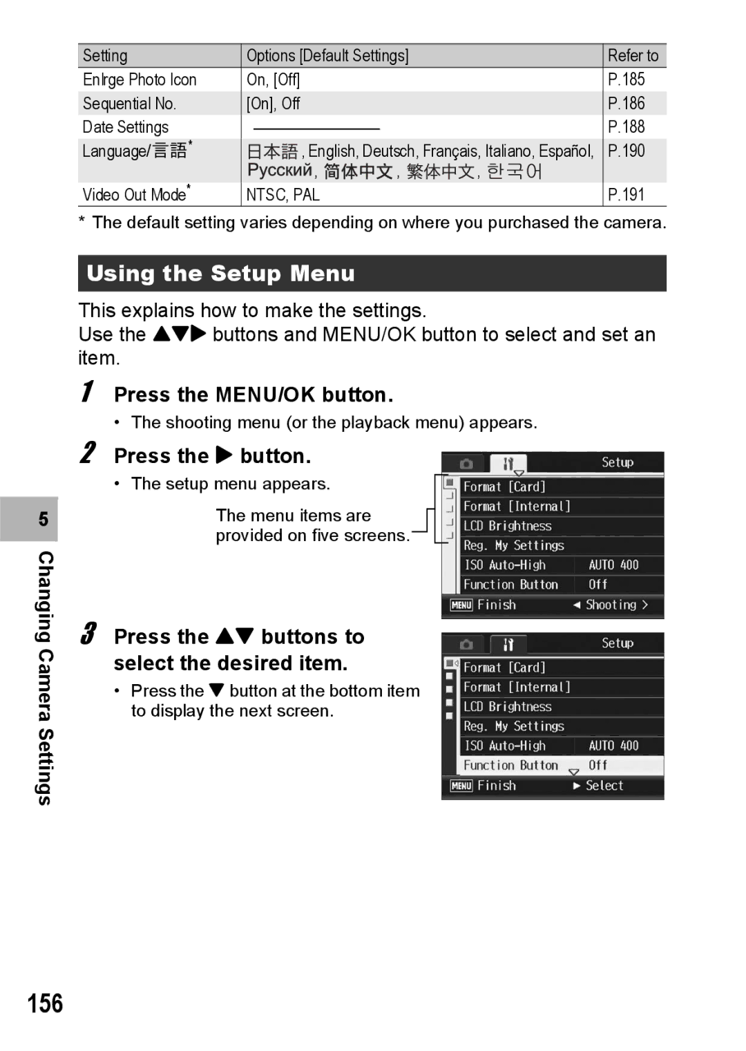 Ricoh GR Digital II manual 156, Using the Setup Menu, Press the ! buttons to select the desired item 