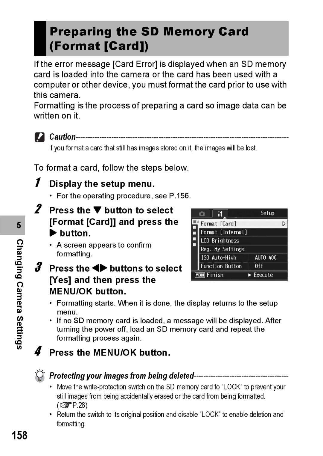 Ricoh GR Digital II manual Preparing the SD Memory Card Format Card, 158, Display the setup menu 