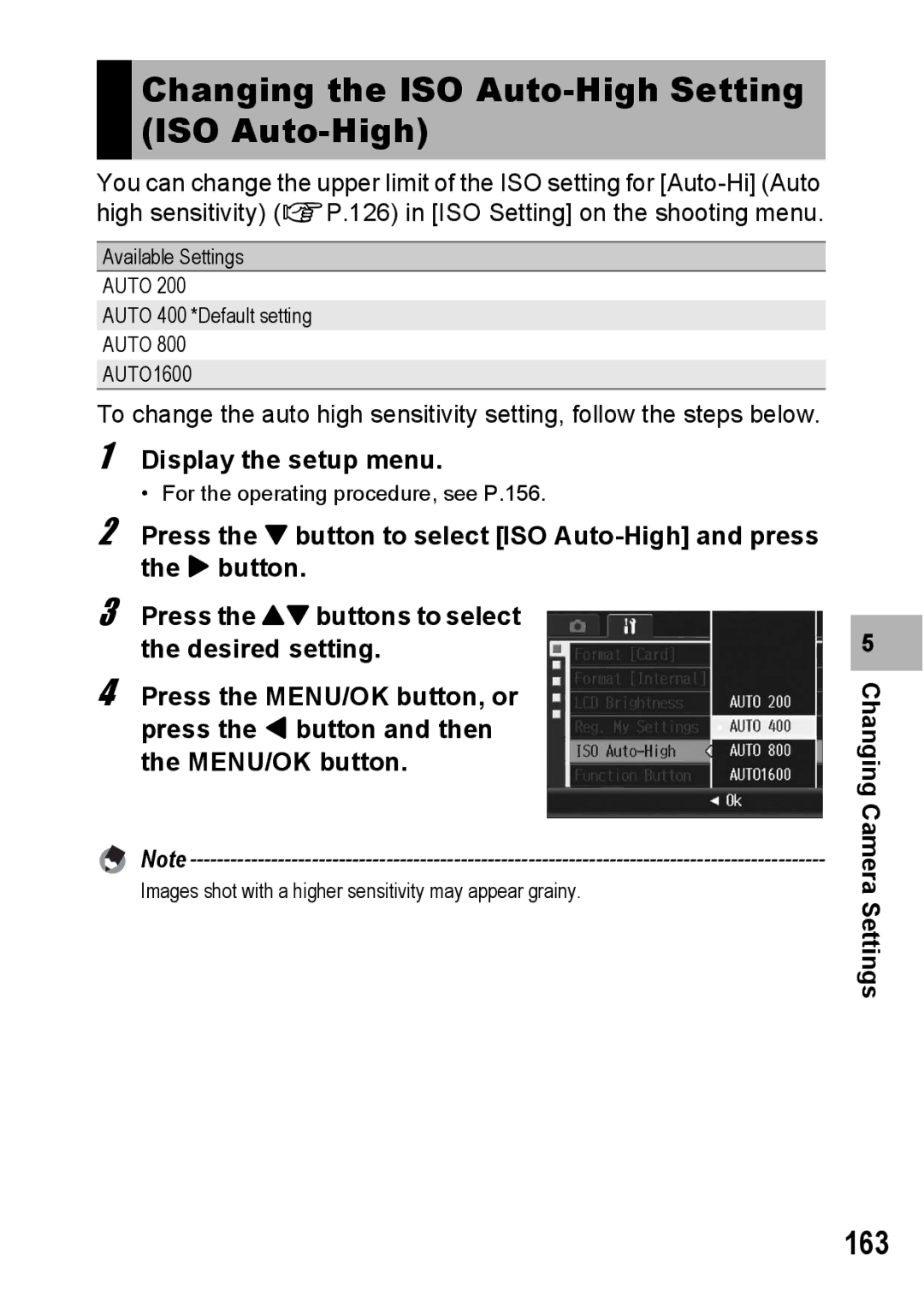 Ricoh GR Digital II manual Changing the ISO Auto-High Setting ISO Auto-High, 163 