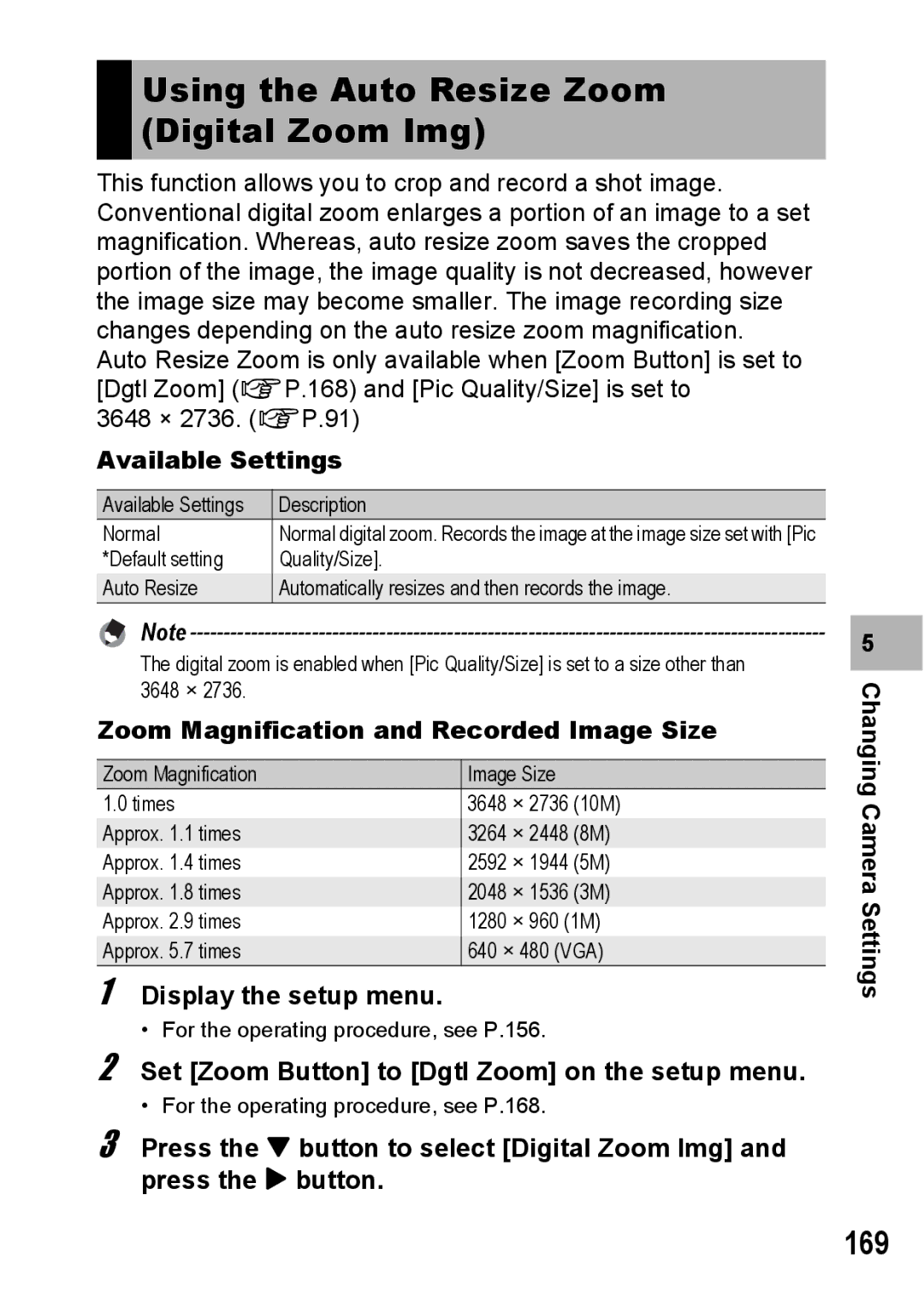 Ricoh GR Digital II manual Using the Auto Resize Zoom Digital Zoom Img, 169, Available Settings 