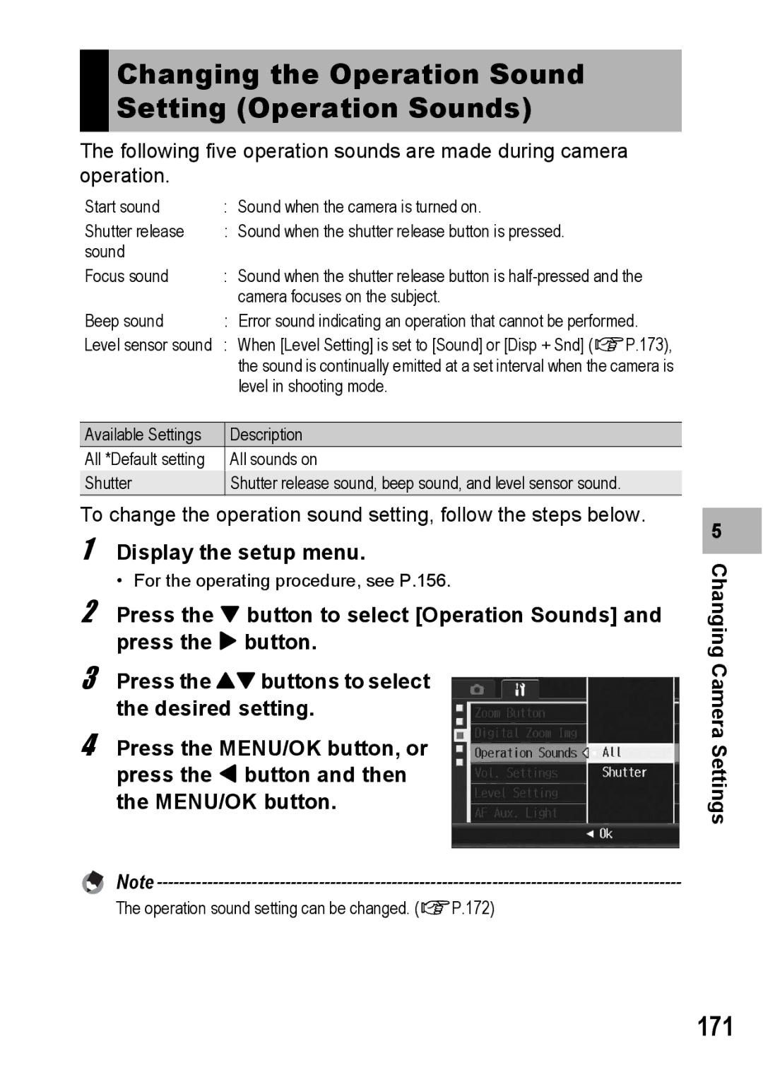 Ricoh GR Digital II manual 171, Changing the Operation Sound Setting Operation Sounds 