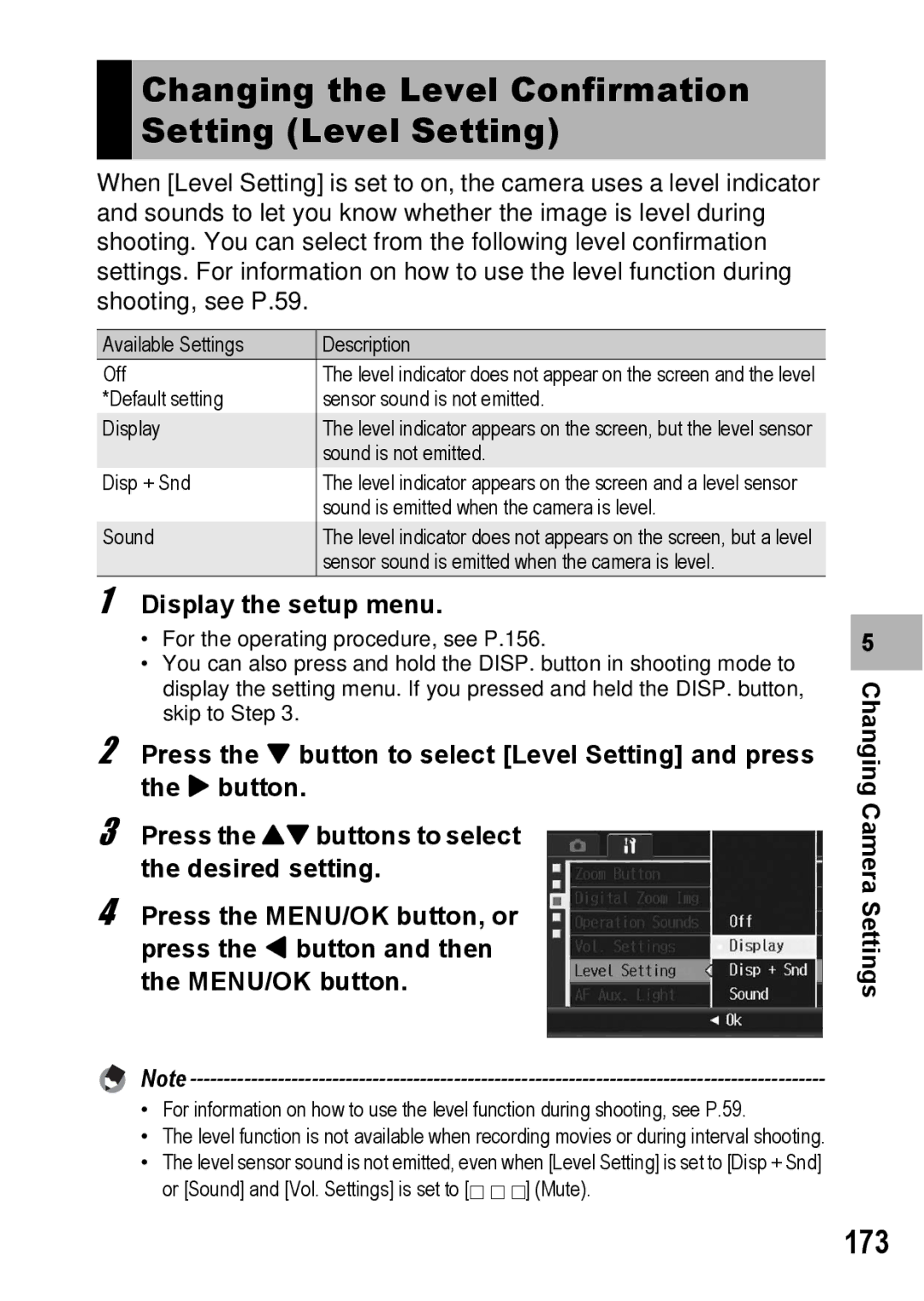 Ricoh GR Digital II manual 173, Changing the Level Confirmation Setting Level Setting 