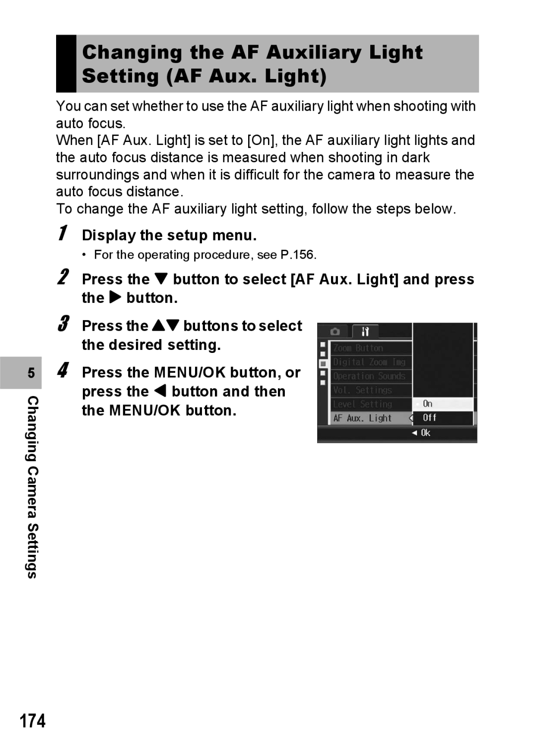 Ricoh GR Digital II manual Changing the AF Auxiliary Light Setting AF Aux. Light, 174 