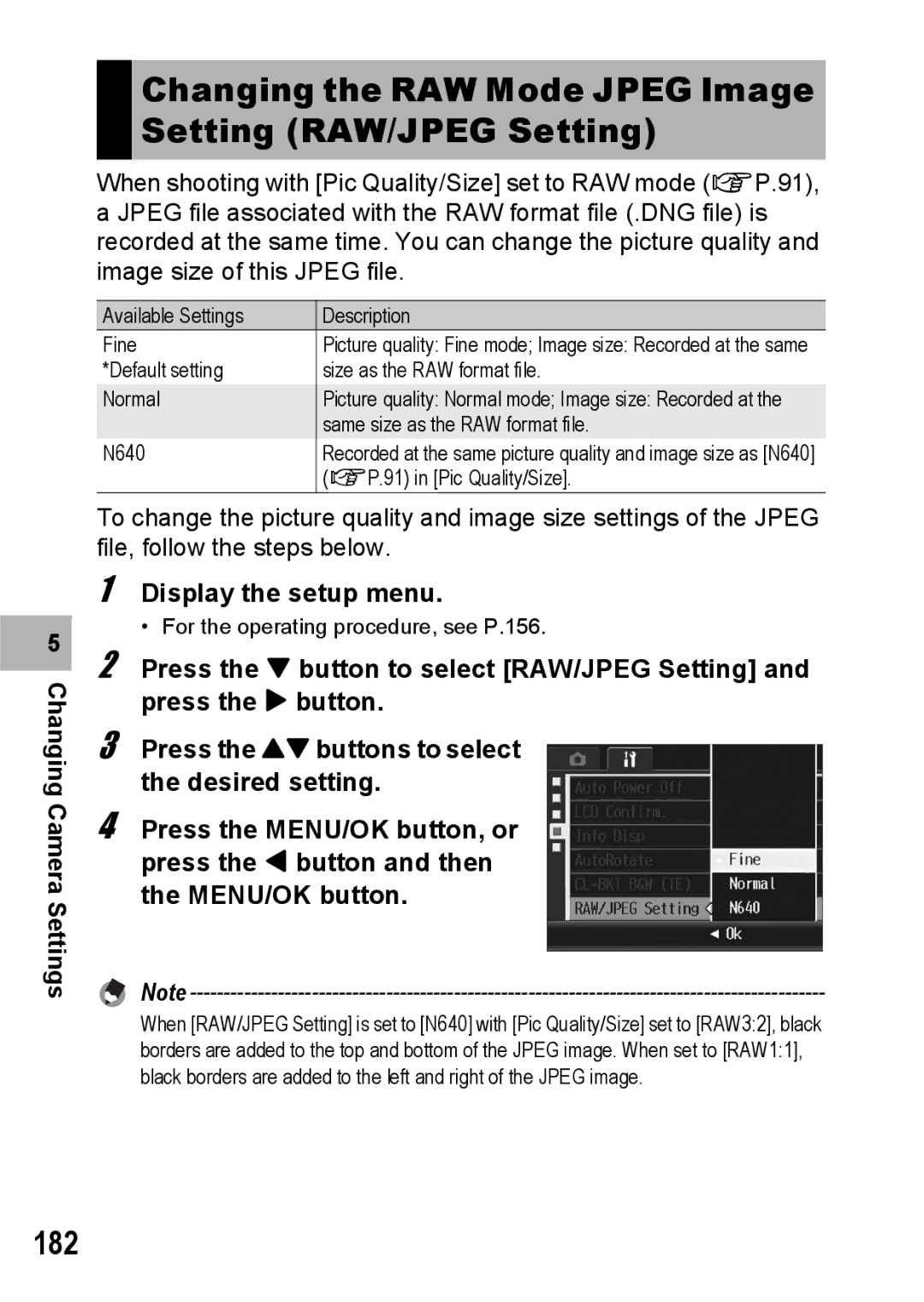 Ricoh GR Digital II manual Changing the RAW Mode Jpeg Image Setting RAW/JPEG Setting, 182 