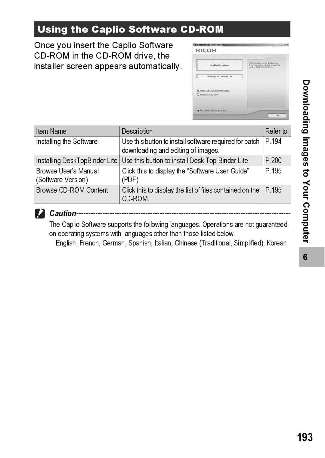 Ricoh GR Digital II manual 193, Using the Caplio Software CD-ROM 