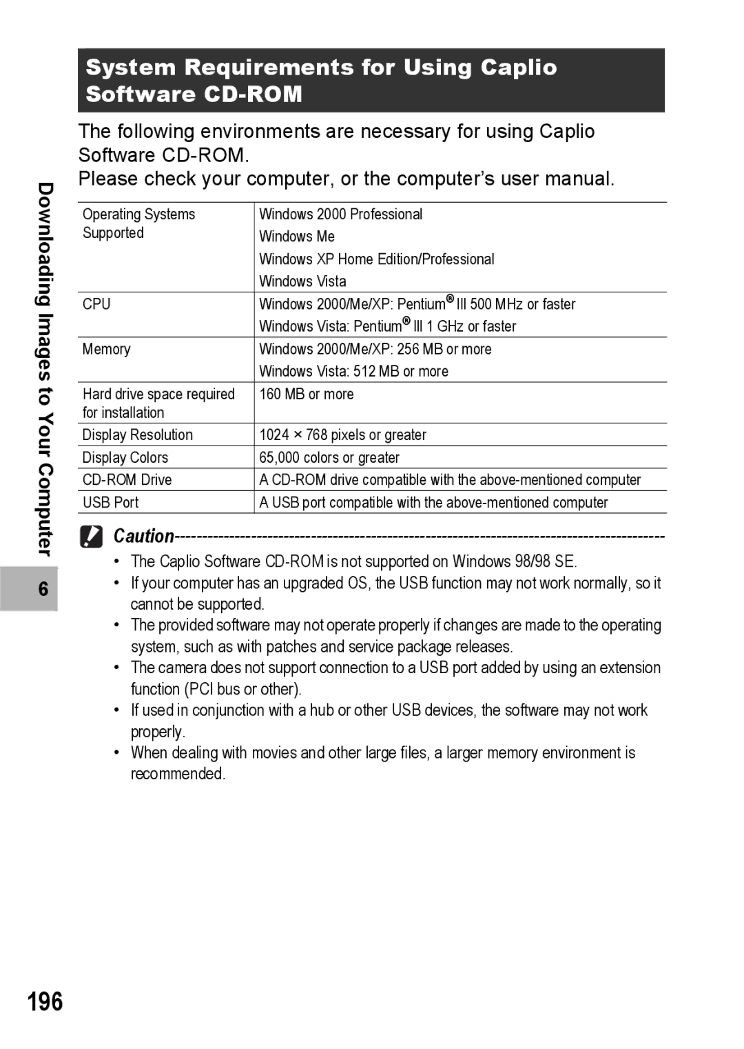 Ricoh GR Digital II manual 196, System Requirements for Using Caplio Software CD-ROM 