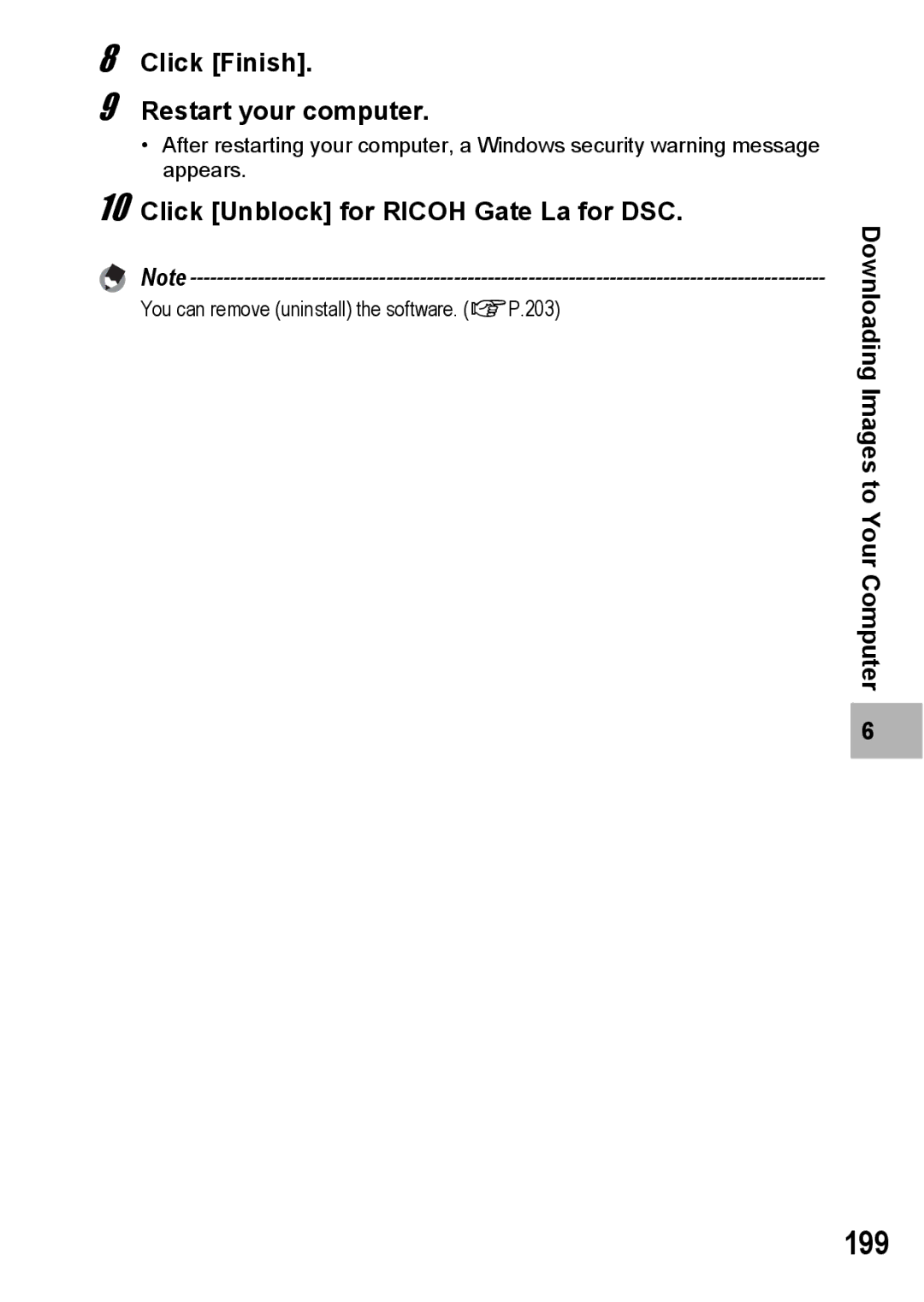 Ricoh GR Digital II manual 199, Click Finish Restart your computer, Click Unblock for Ricoh Gate La for DSC 