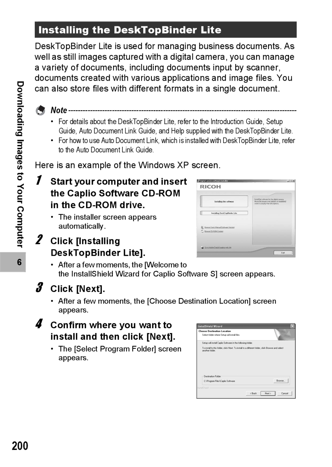 Ricoh GR Digital II manual 200, Installing the DeskTopBinder Lite, Click Installing DeskTopBinder Lite 