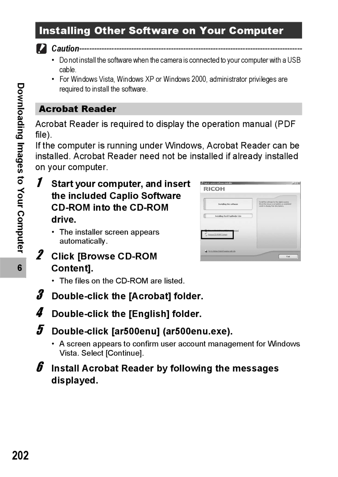 Ricoh GR Digital II manual 202, Installing Other Software on Your Computer, Acrobat Reader, Click Browse CD-ROM Content 