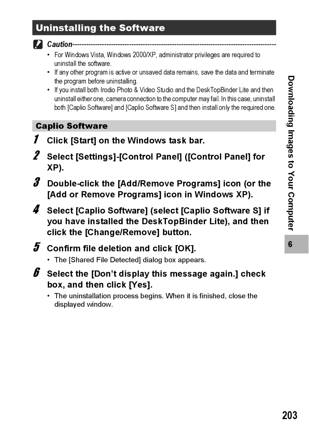 Ricoh GR Digital II manual 203, Uninstalling the Software 