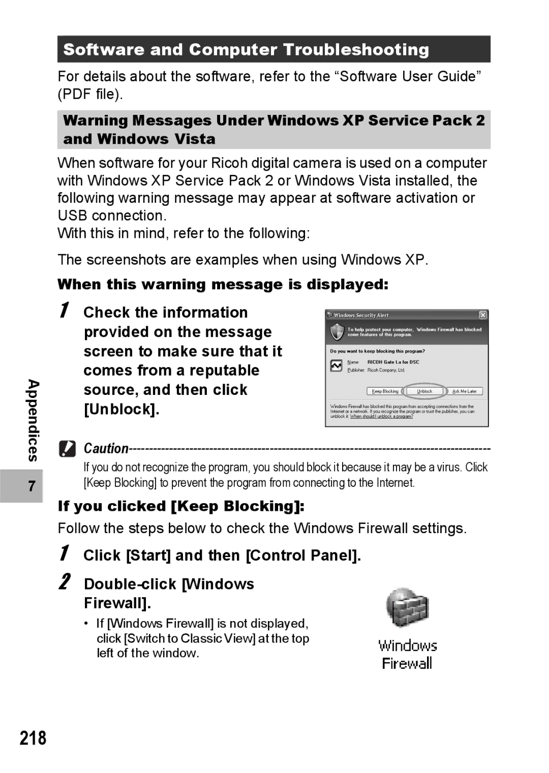 Ricoh GR Digital II manual 218, Software and Computer Troubleshooting, If you clicked Keep Blocking 