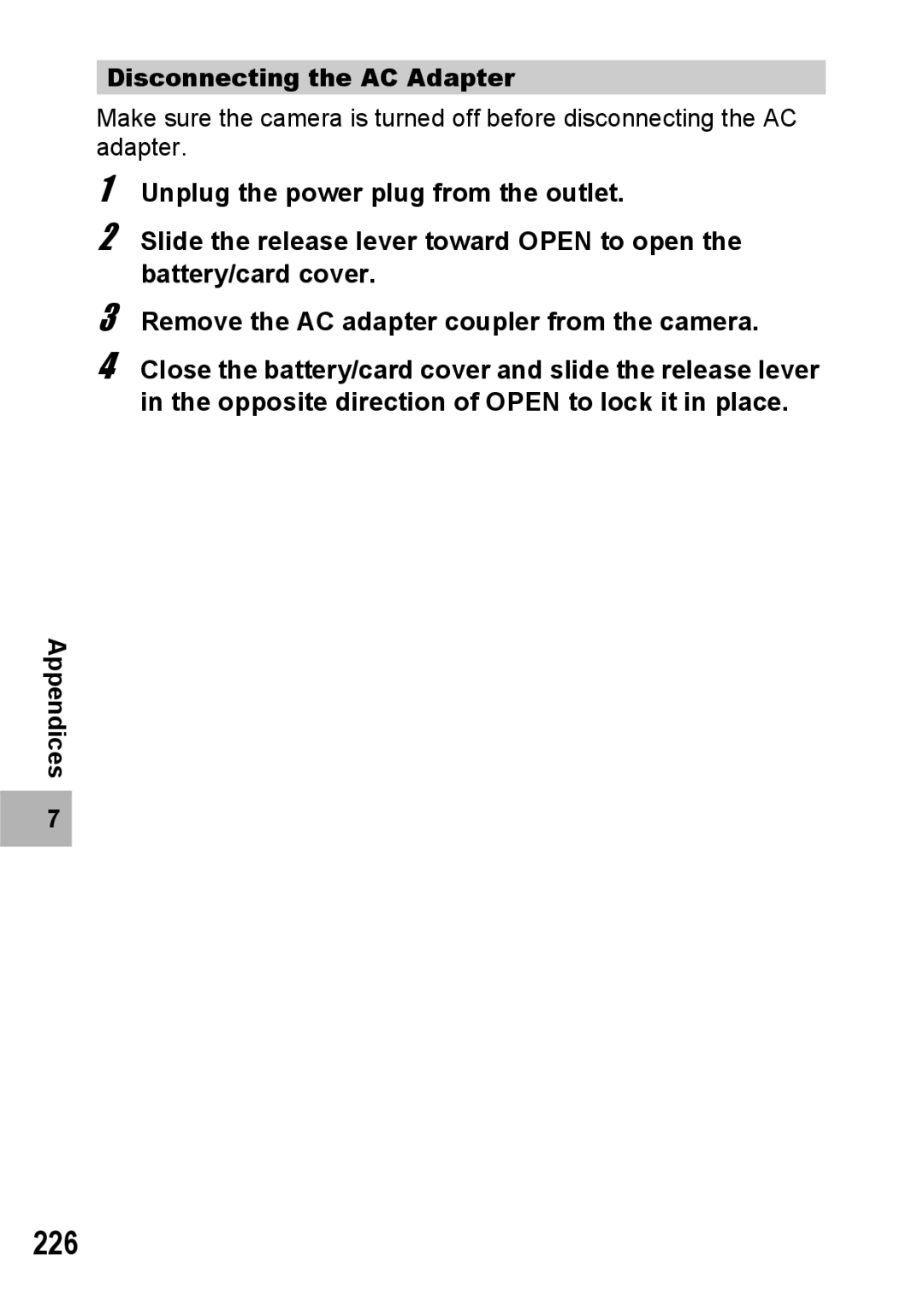 Ricoh GR Digital II manual 226, Disconnecting the AC Adapter 