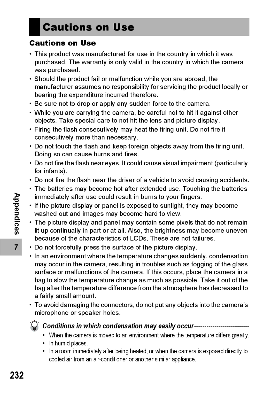 Ricoh GR Digital II manual 232, Conditions in which condensation may easily occur 