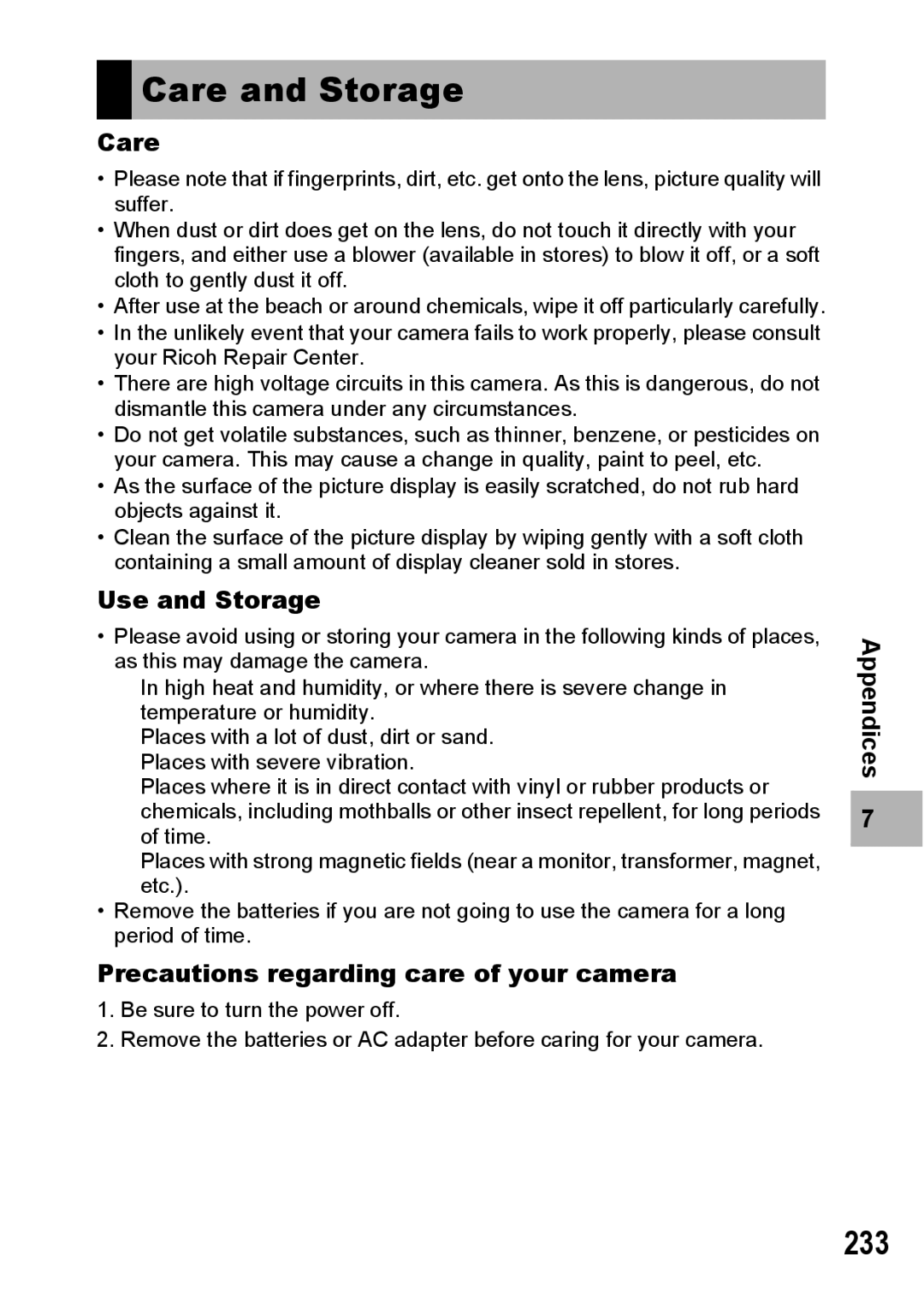 Ricoh GR Digital II manual Care and Storage, 233, Use and Storage, Precautions regarding care of your camera 