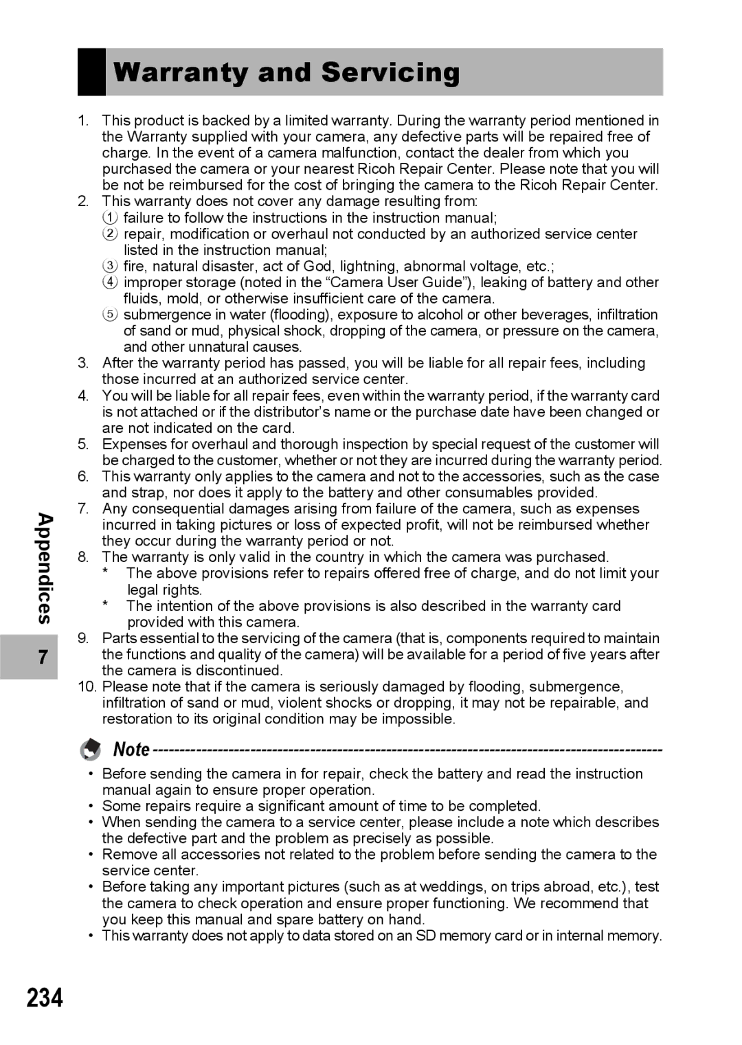 Ricoh GR Digital II manual Warranty and Servicing, 234 