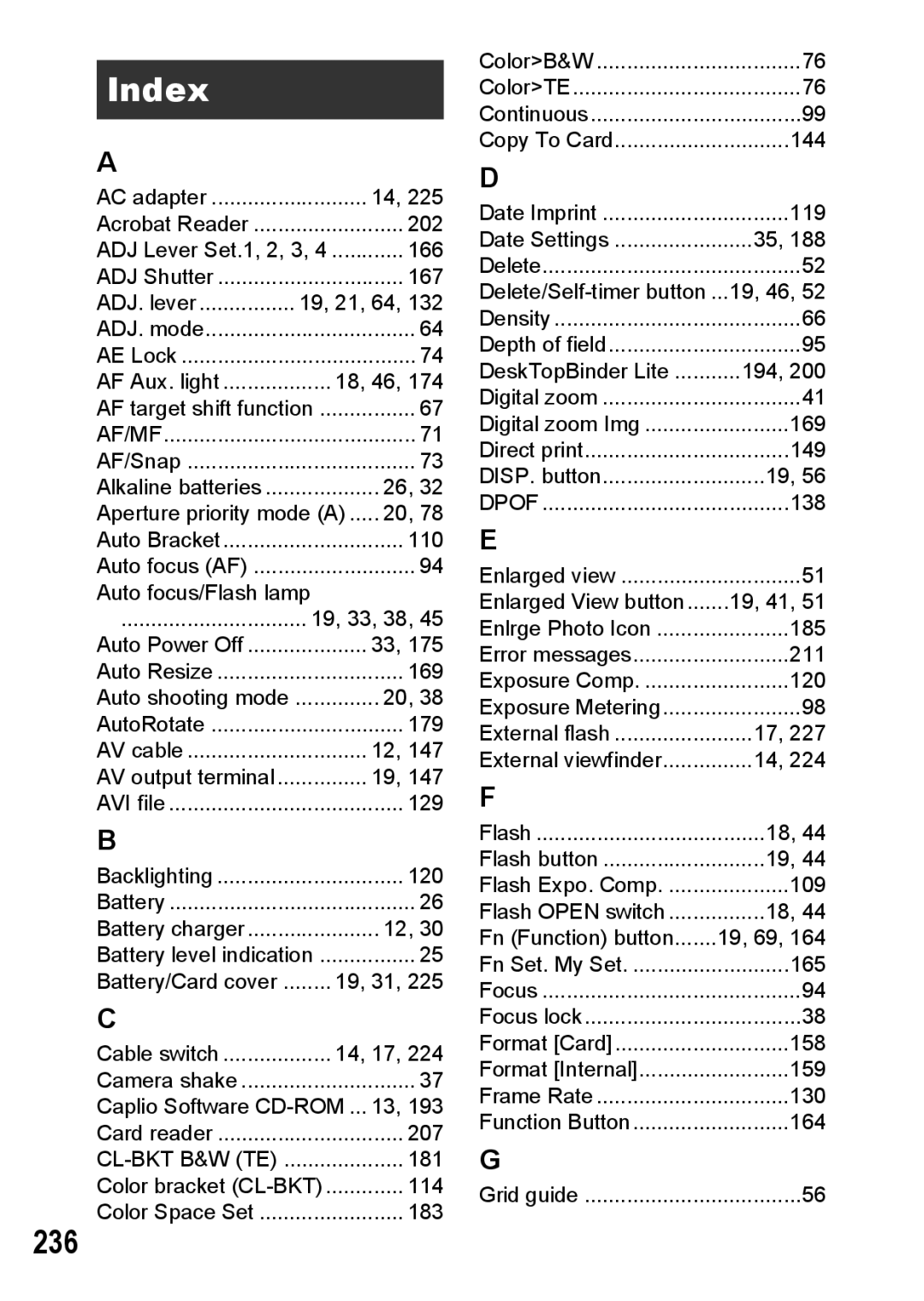 Ricoh GR Digital II manual Index, 236 