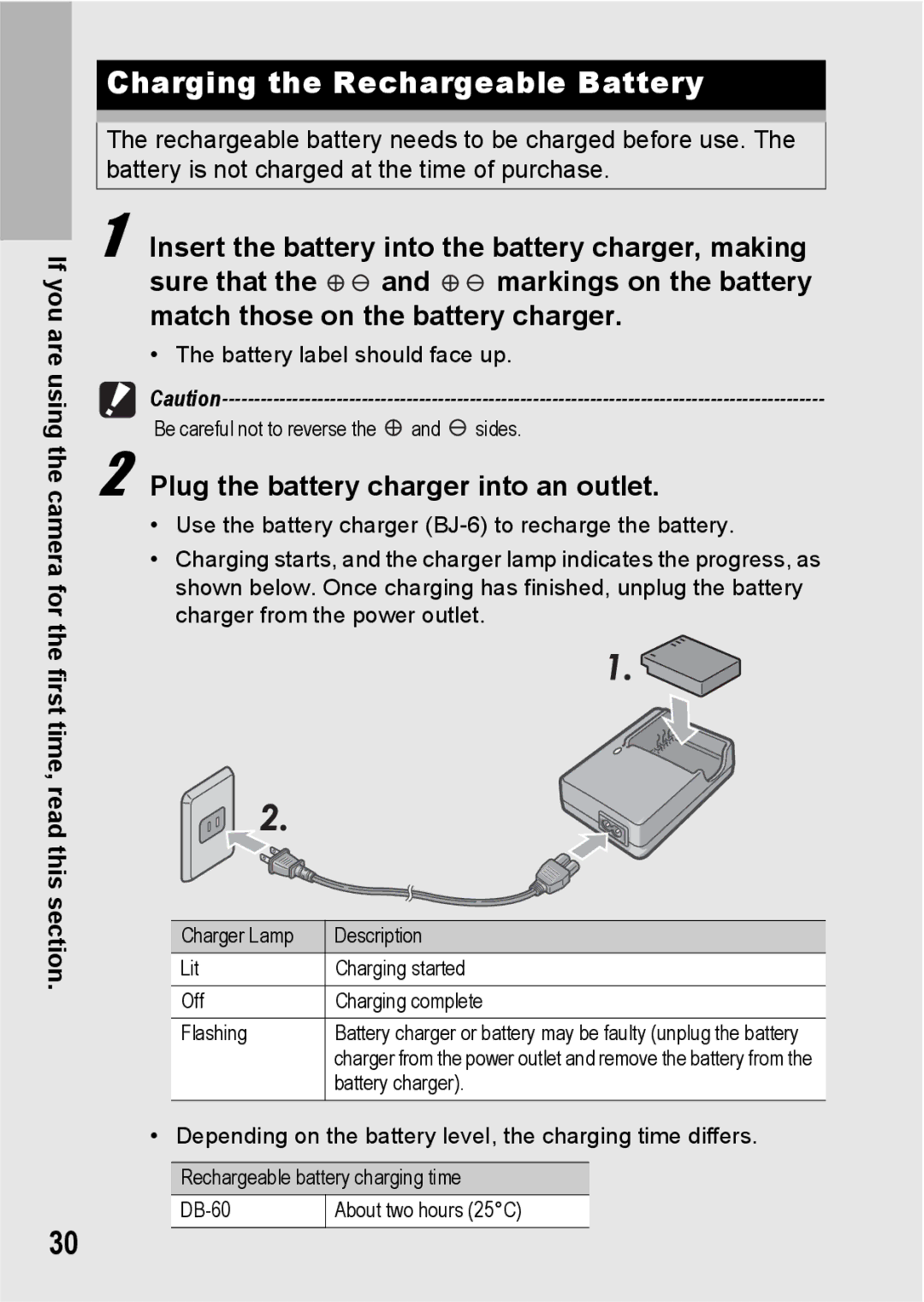 Ricoh GR Digital II manual Charging the Rechargeable Battery, Plug the battery charger into an outlet 