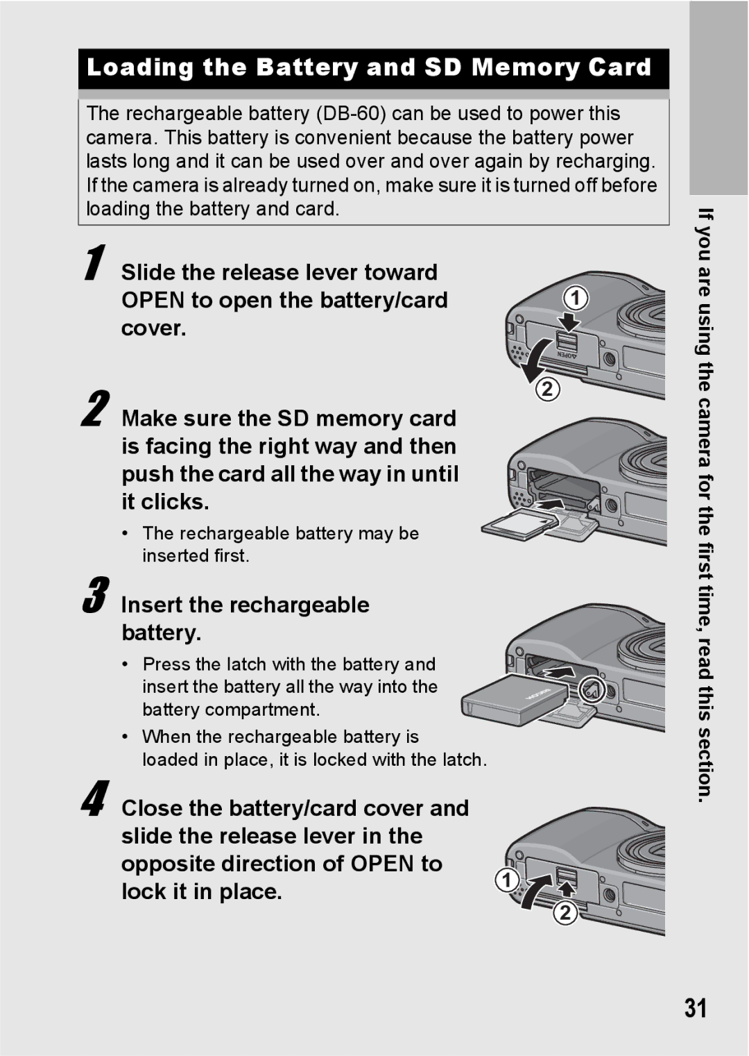 Ricoh GR Digital II manual Loading the Battery and SD Memory Card, Insert the rechargeable battery 