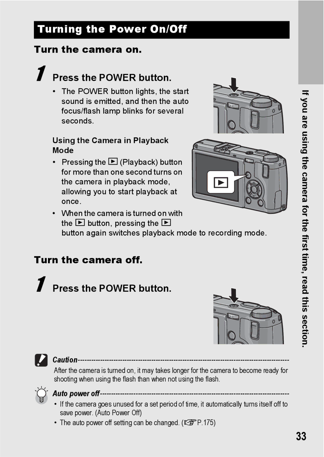 Ricoh GR Digital II manual Turning the Power On/Off, Turn the camera on Press the Power button 