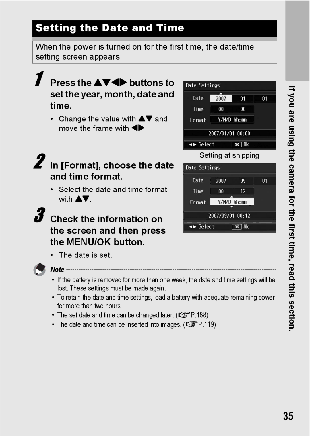 Ricoh GR Digital II manual Setting the Date and Time, Press the !#$ buttons to Set the year, month, date Time, Time format 