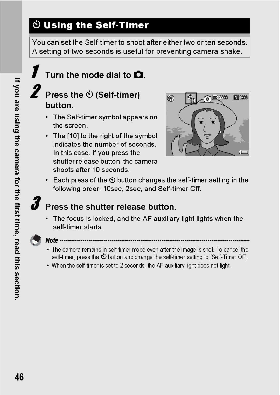 Ricoh GR Digital II manual Using the Self-Timer, Turn the mode dial to Press the t Self-timer button 