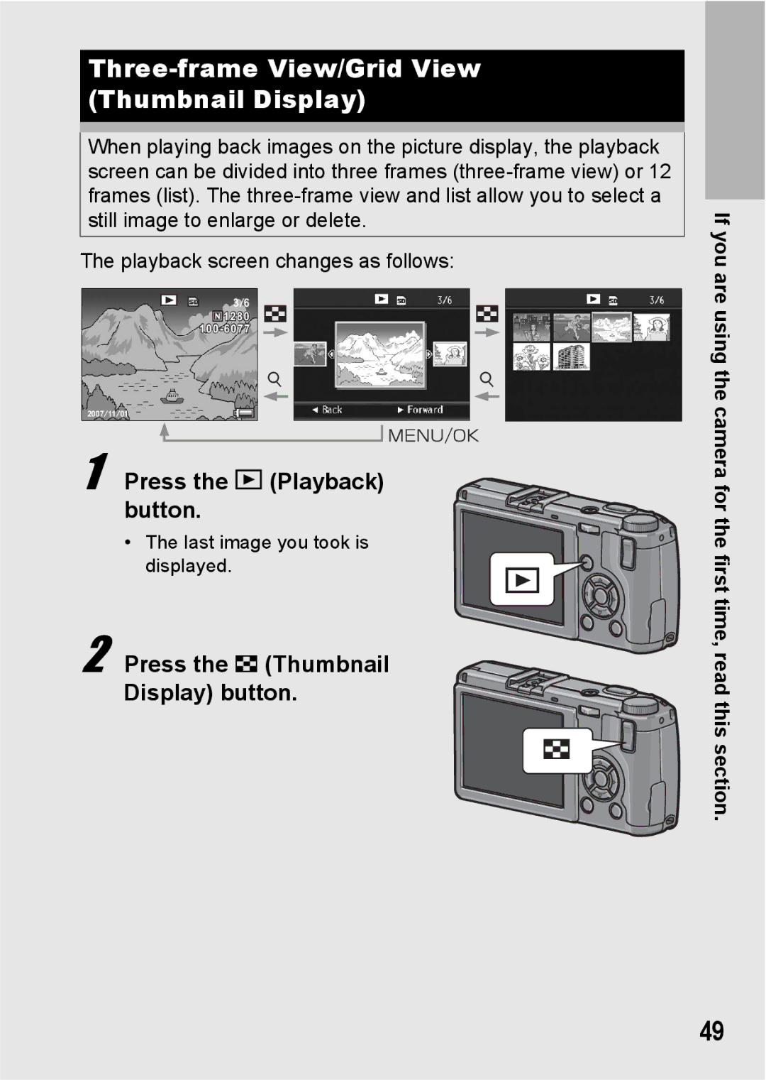 Ricoh GR Digital II manual Three-frame View/Grid View Thumbnail Display, Press the 9 Thumbnail Display button 