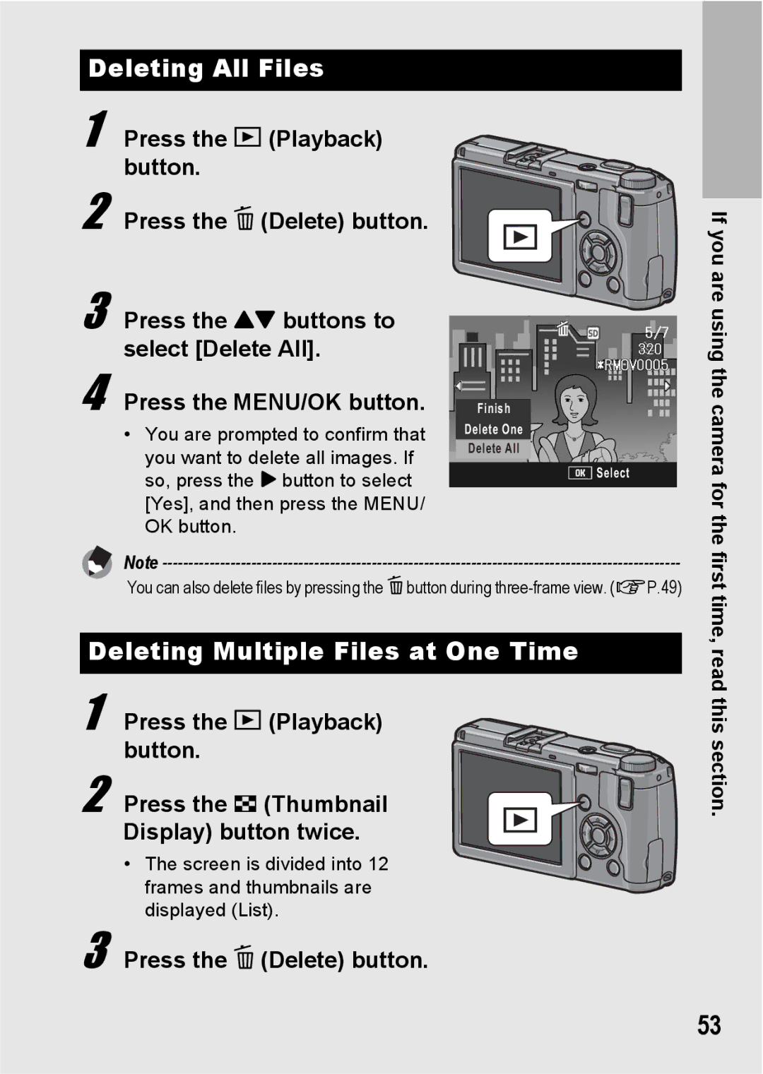 Ricoh GR Digital II manual Deleting All Files, Deleting Multiple Files at One Time, First time, read this section 