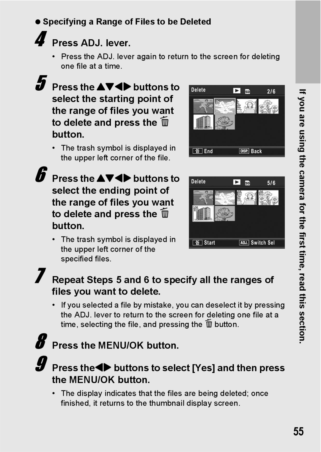 Ricoh GR Digital II manual Press ADJ. lever, Specifying a Range of Files to be Deleted 