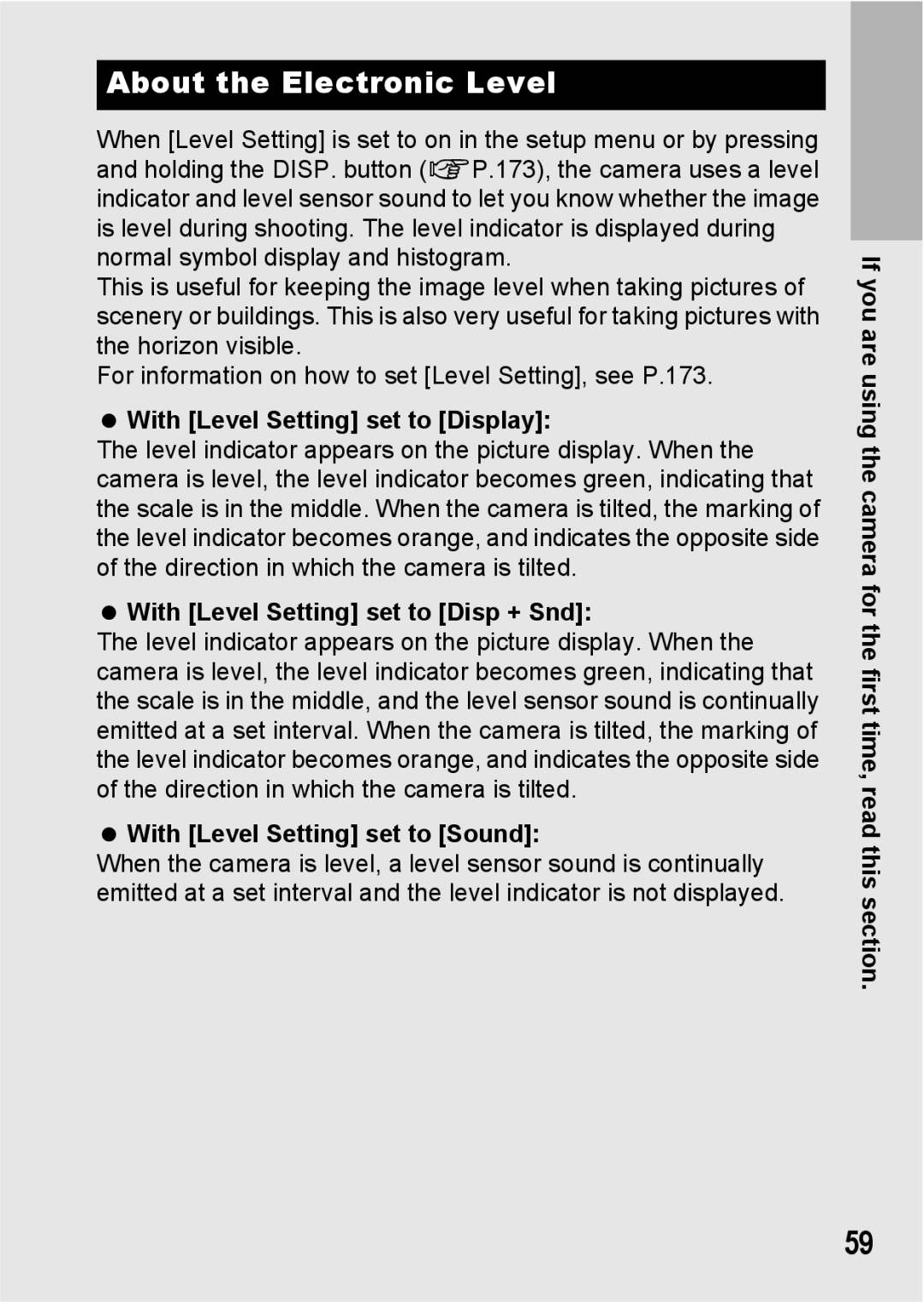 Ricoh GR Digital II About the Electronic Level, With Level Setting set to Display, With Level Setting set to Disp + Snd 