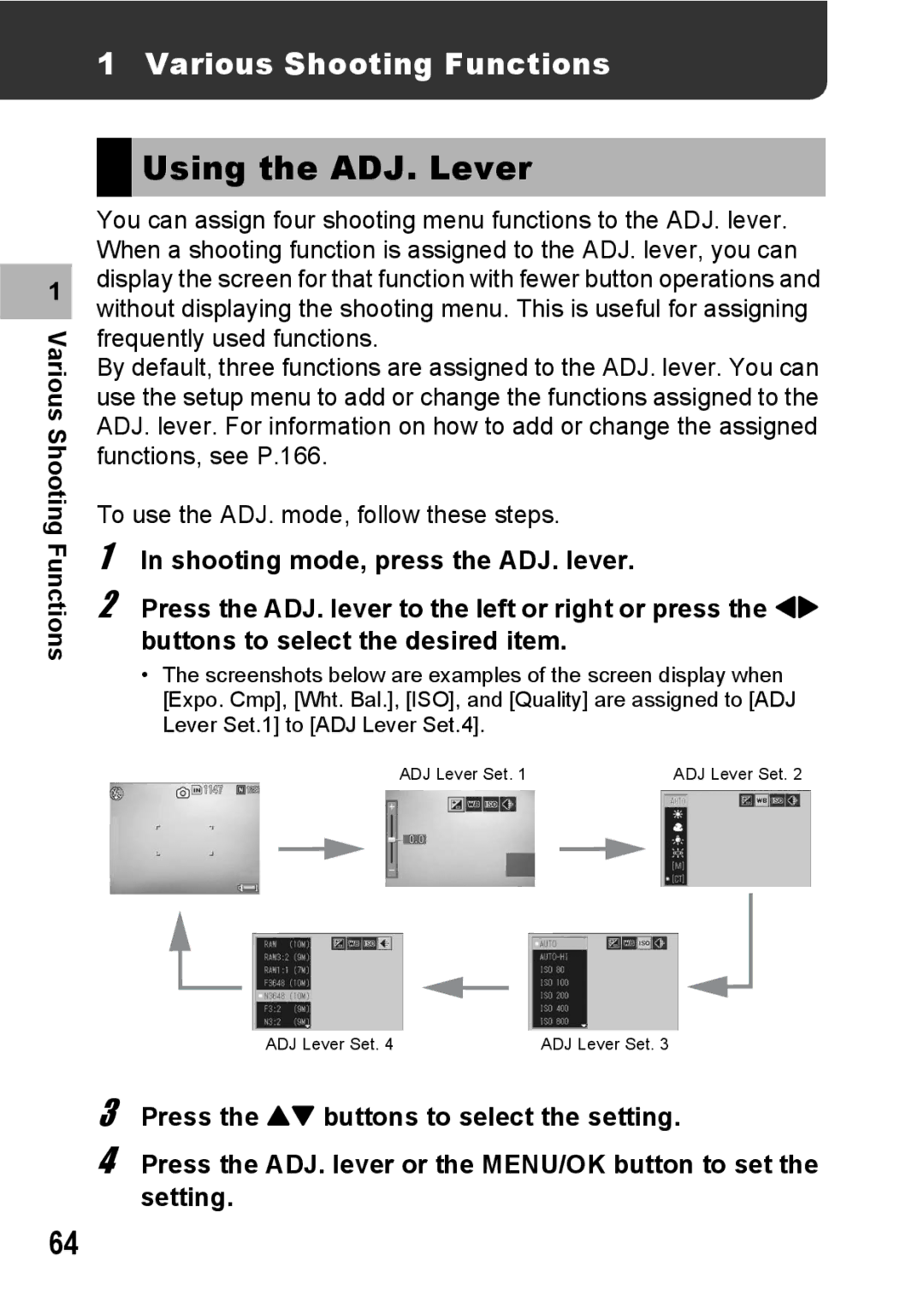 Ricoh GR Digital II manual Using the ADJ. Lever, Various Shooting Functions 