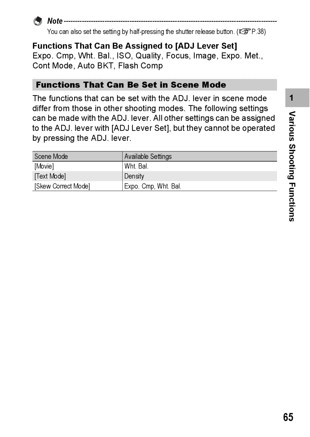 Ricoh GR Digital II manual Functions That Can Be Assigned to ADJ Lever Set, Functions That Can Be Set in Scene Mode 