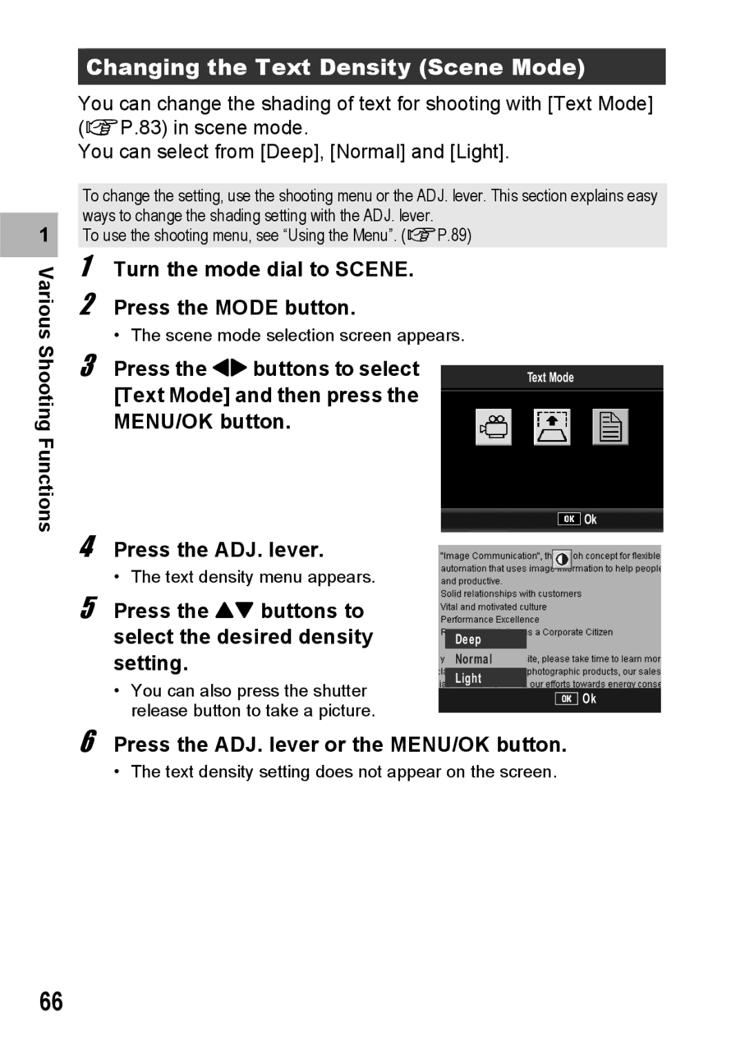 Ricoh GR Digital II manual Changing the Text Density Scene Mode, Various, Turn the mode dial to Scene Press the Mode button 