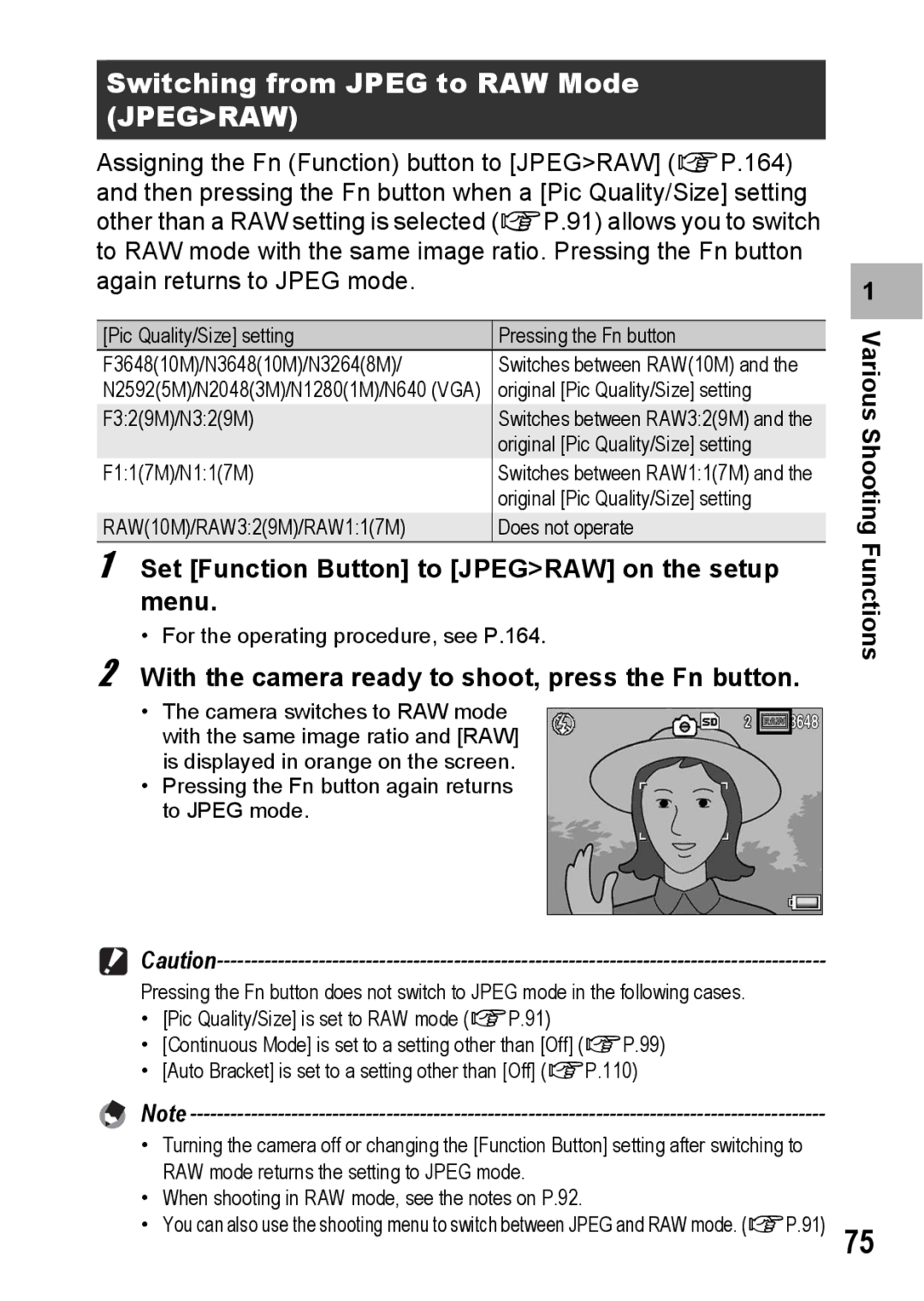 Ricoh GR Digital II manual Switching from Jpeg to RAW Mode Jpegraw, Set Function Button to Jpegraw on the setup menu 