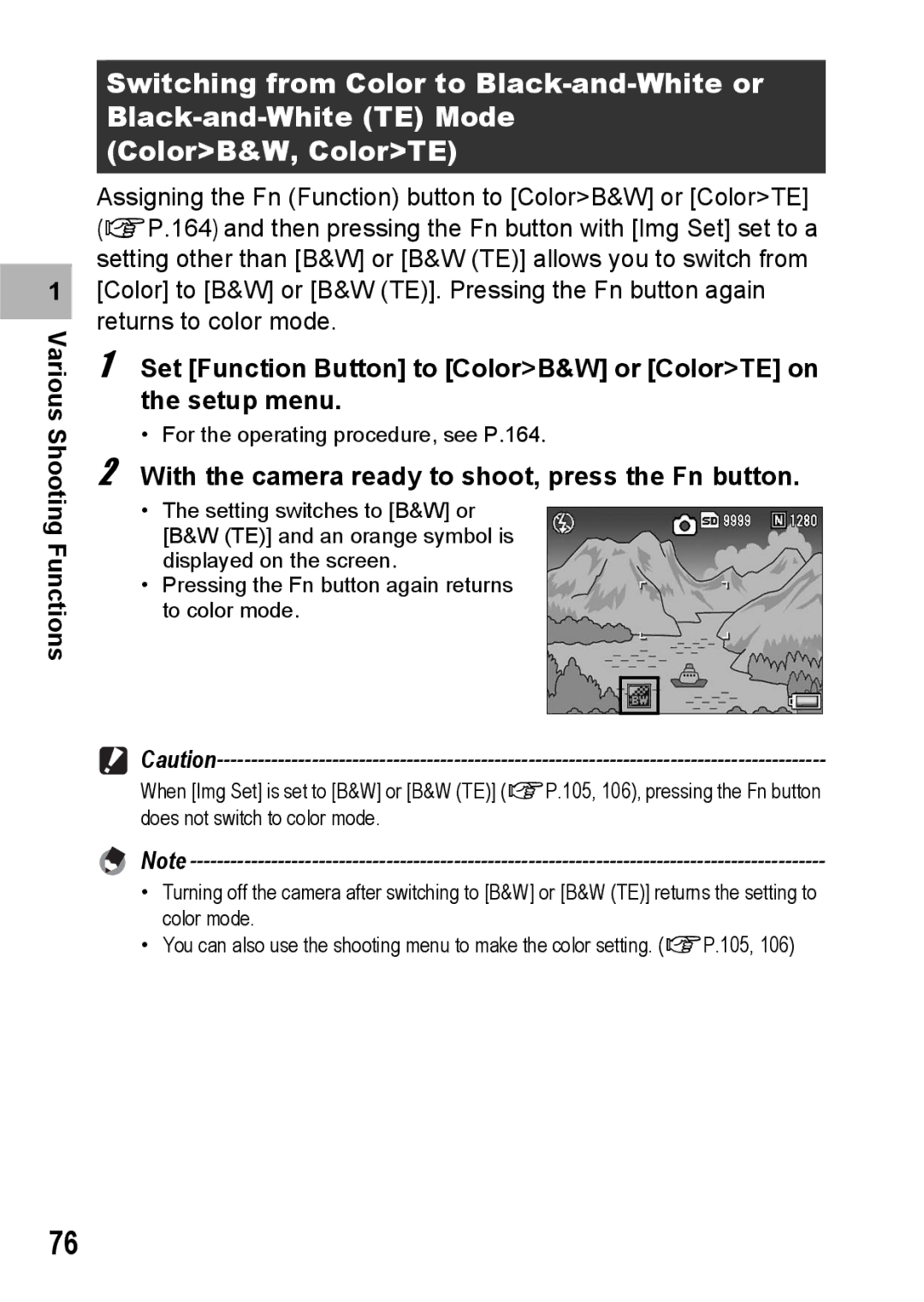 Ricoh GR Digital II manual Set Function Button to ColorB&W or ColorTE on the setup menu 