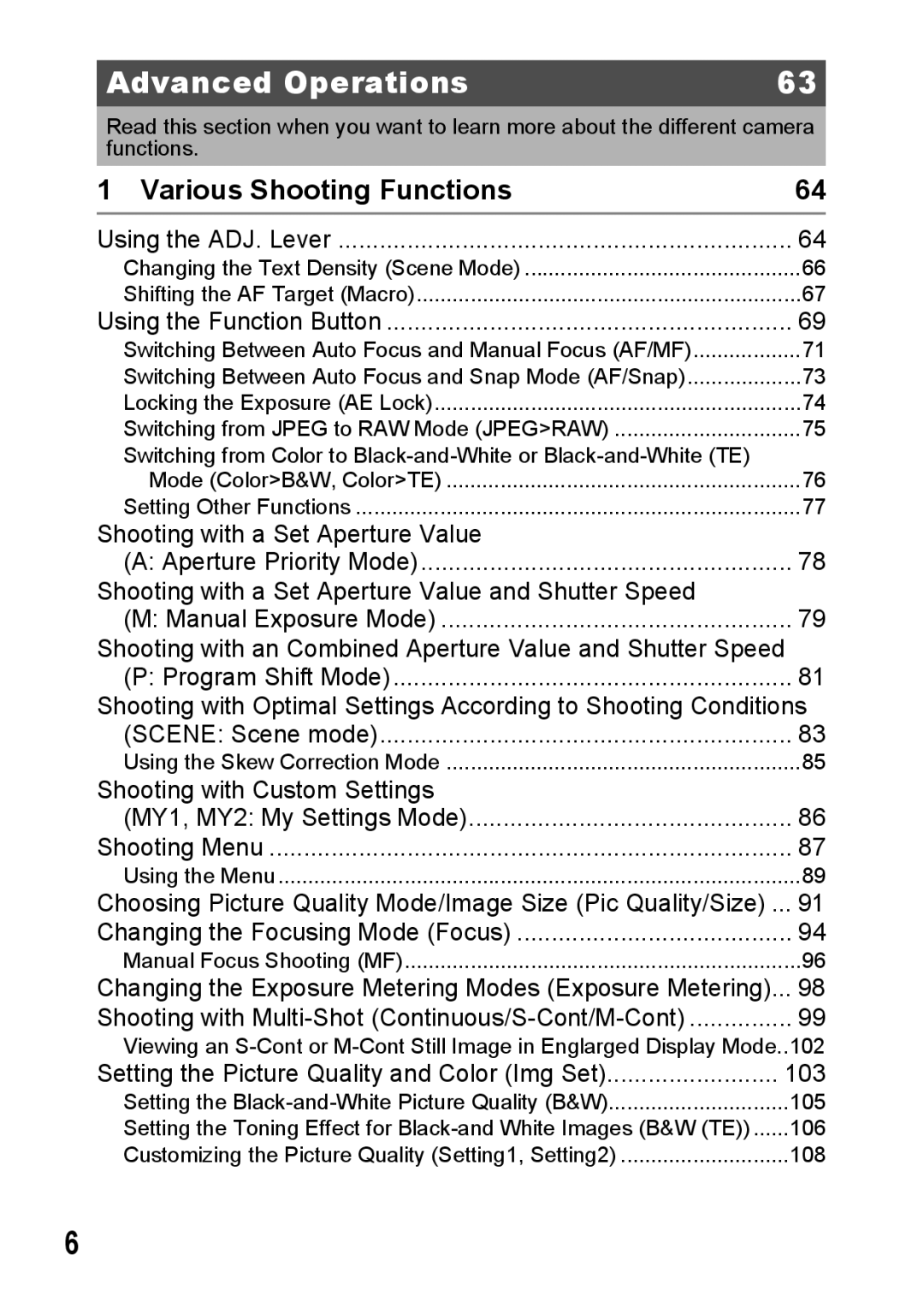 Ricoh GR Digital II manual Advanced Operations, Various Shooting Functions 