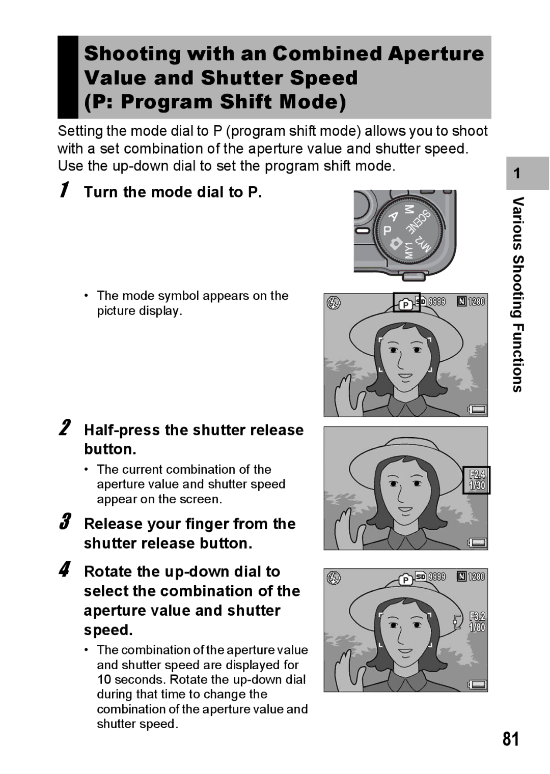 Ricoh GR Digital II manual Turn the mode dial to P, Functions 