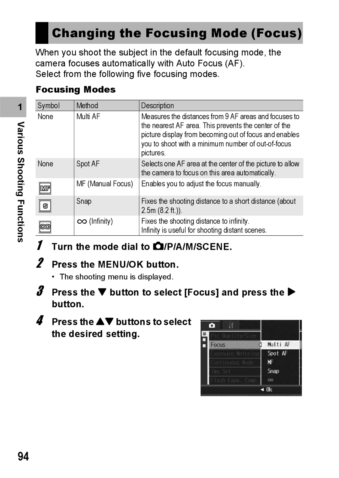 Ricoh GR Digital II manual Changing the Focusing Mode Focus, Focusing Modes 