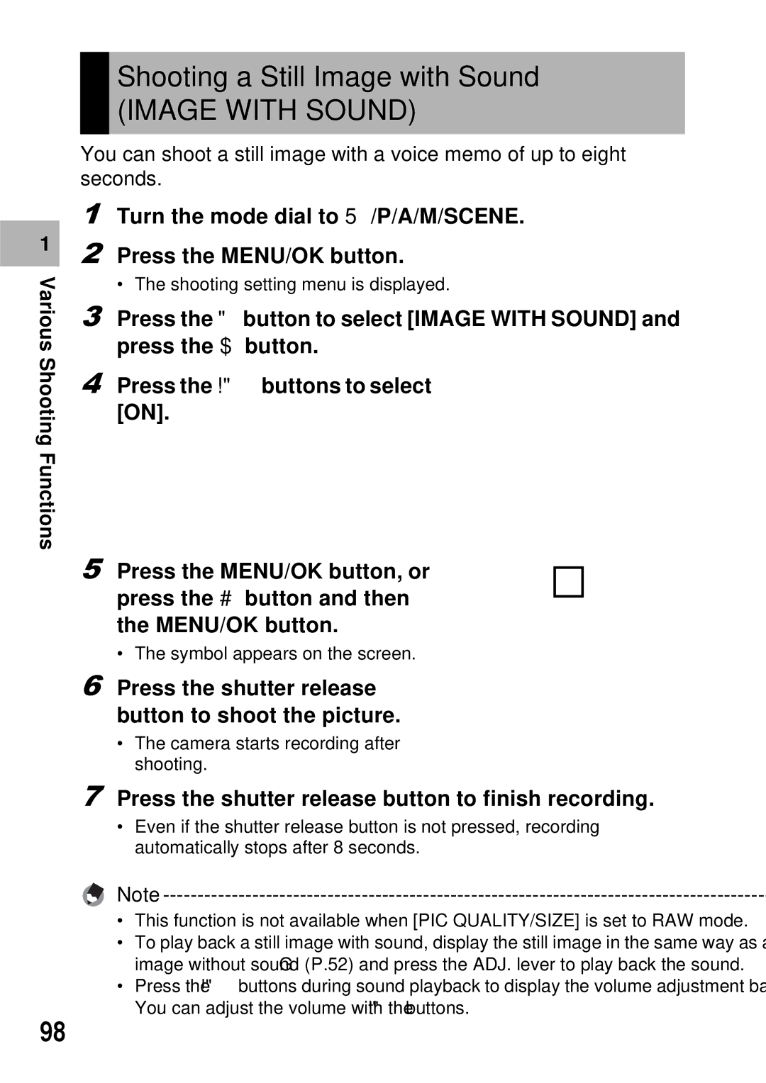 Ricoh GX100 VF manual Shooting a Still Image with Sound, Press the shutter release button to finish recording 