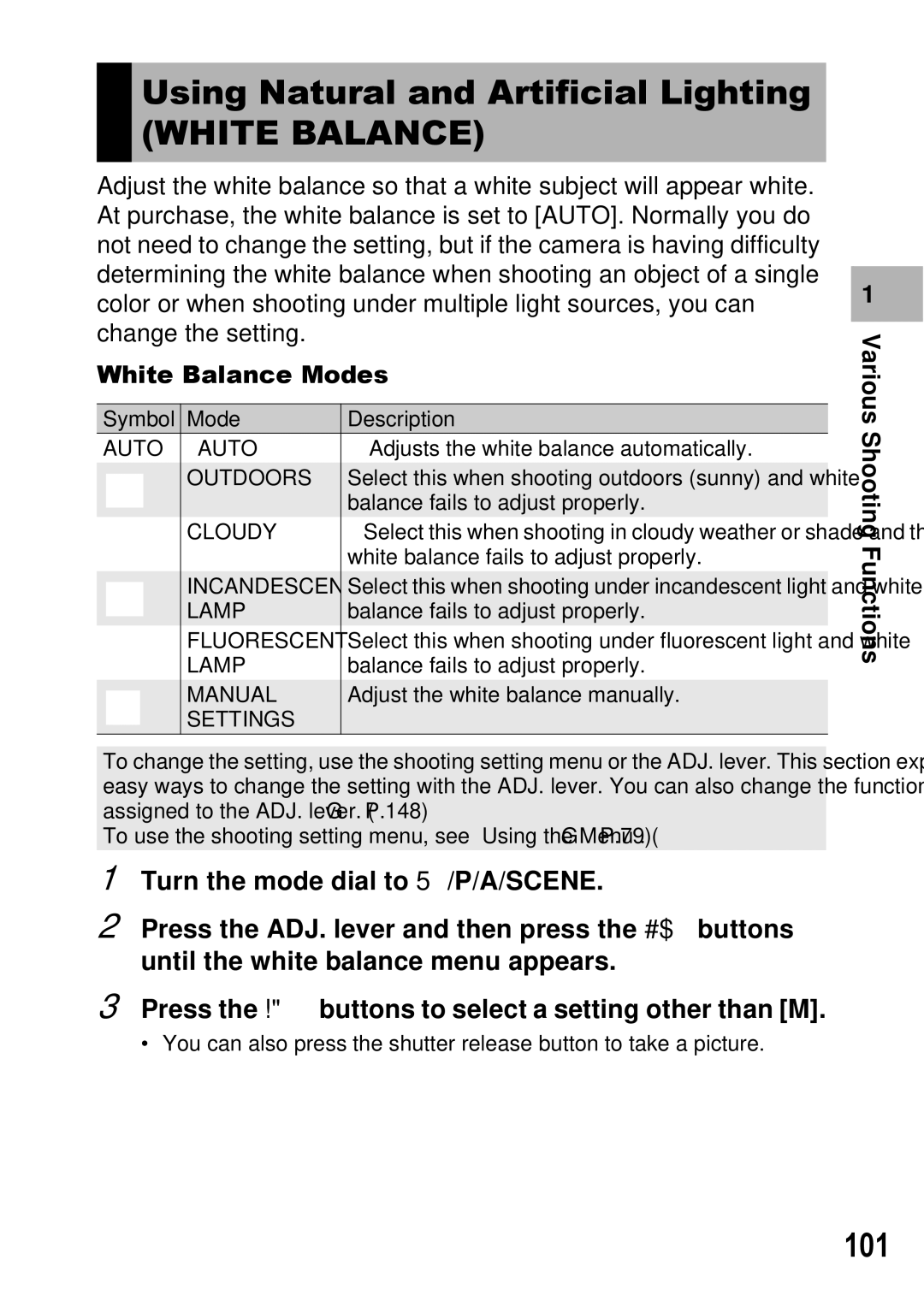 Ricoh GX100 VF manual Using Natural and Artificial Lighting, 101, White Balance Modes 