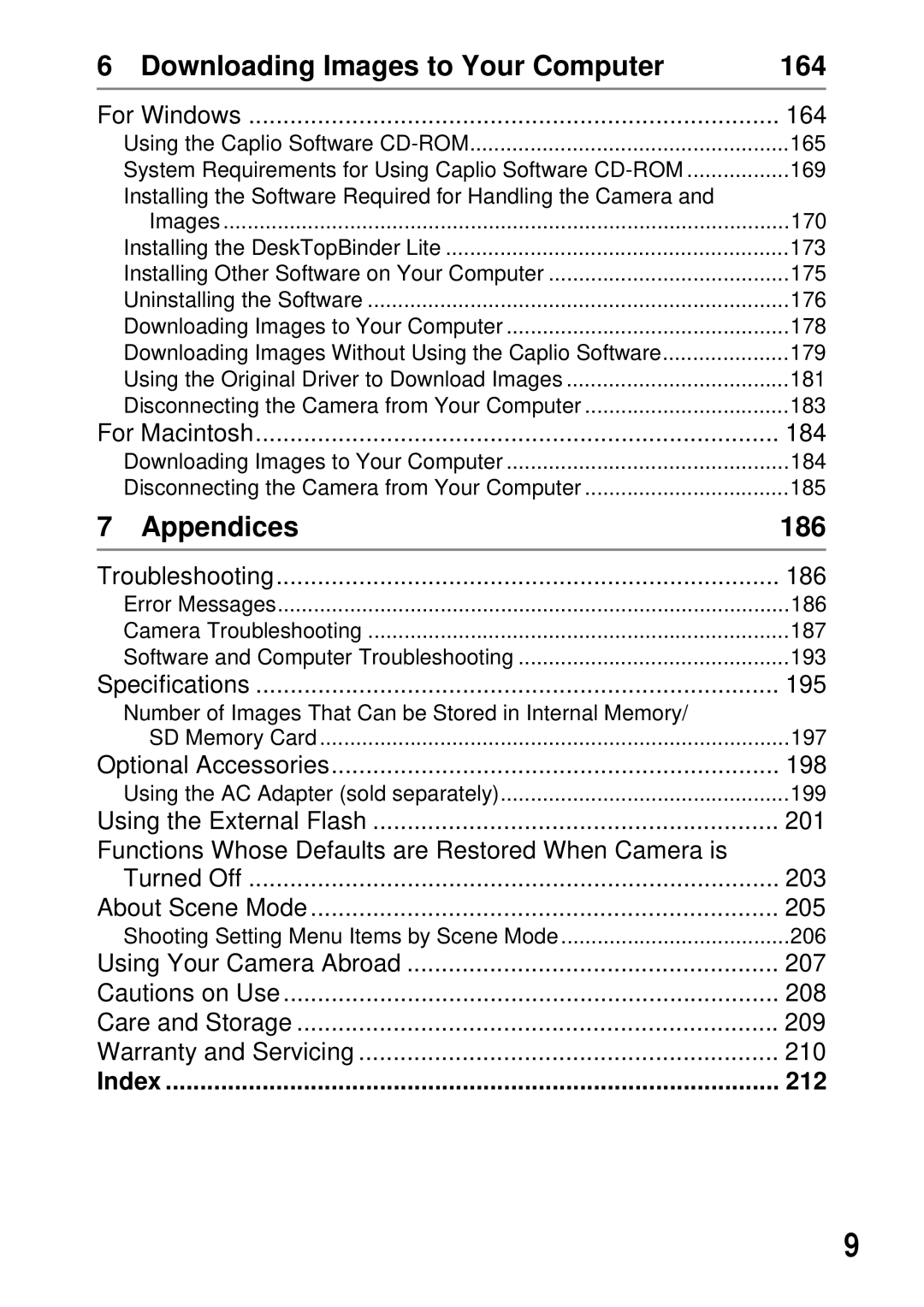 Ricoh GX100 VF manual Downloading Images to Your Computer 164, Appendices 186, 212 