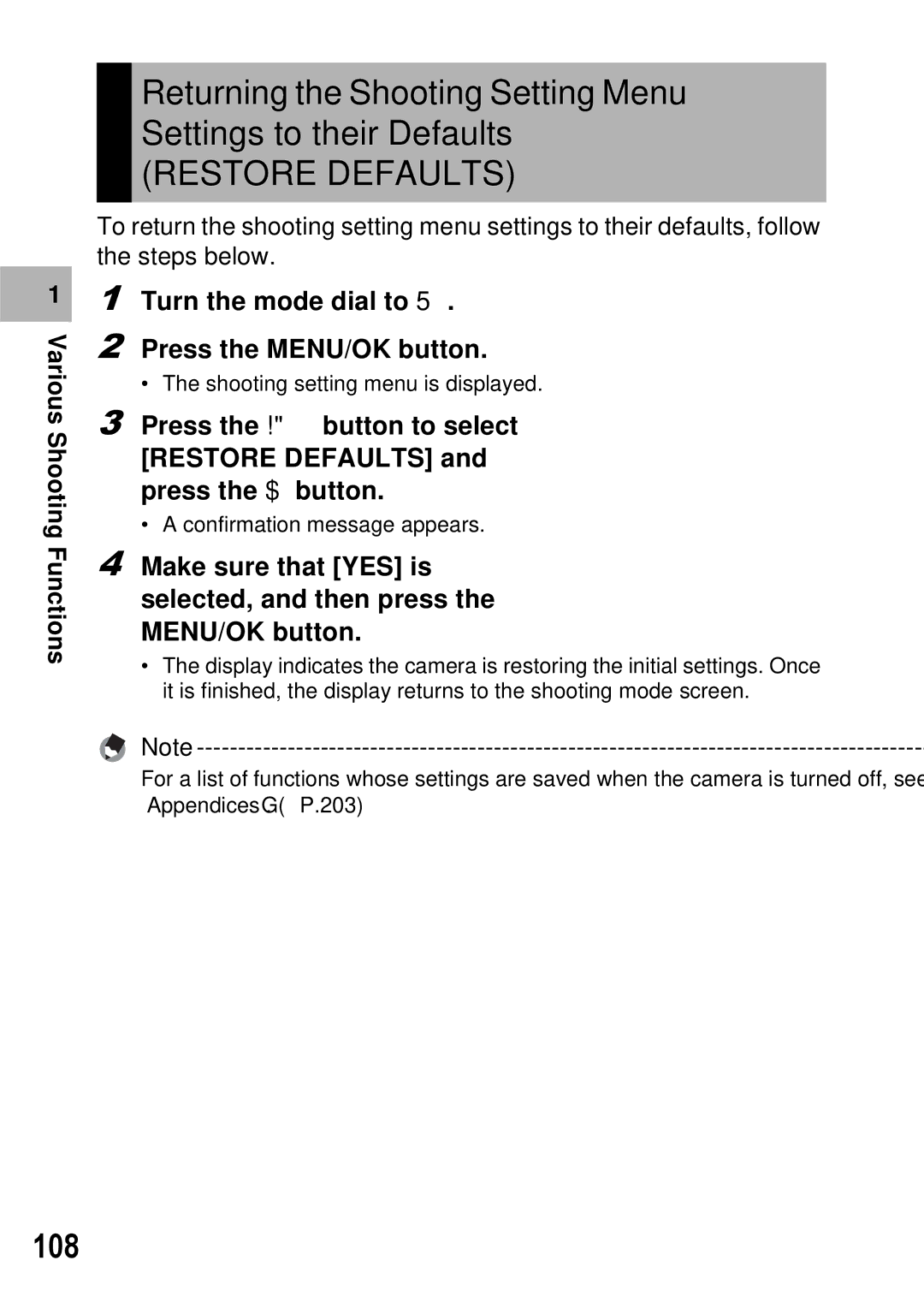 Ricoh GX100 VF manual Restore Defaults, 108, Turn the mode dial to Press the MENU/OK button 