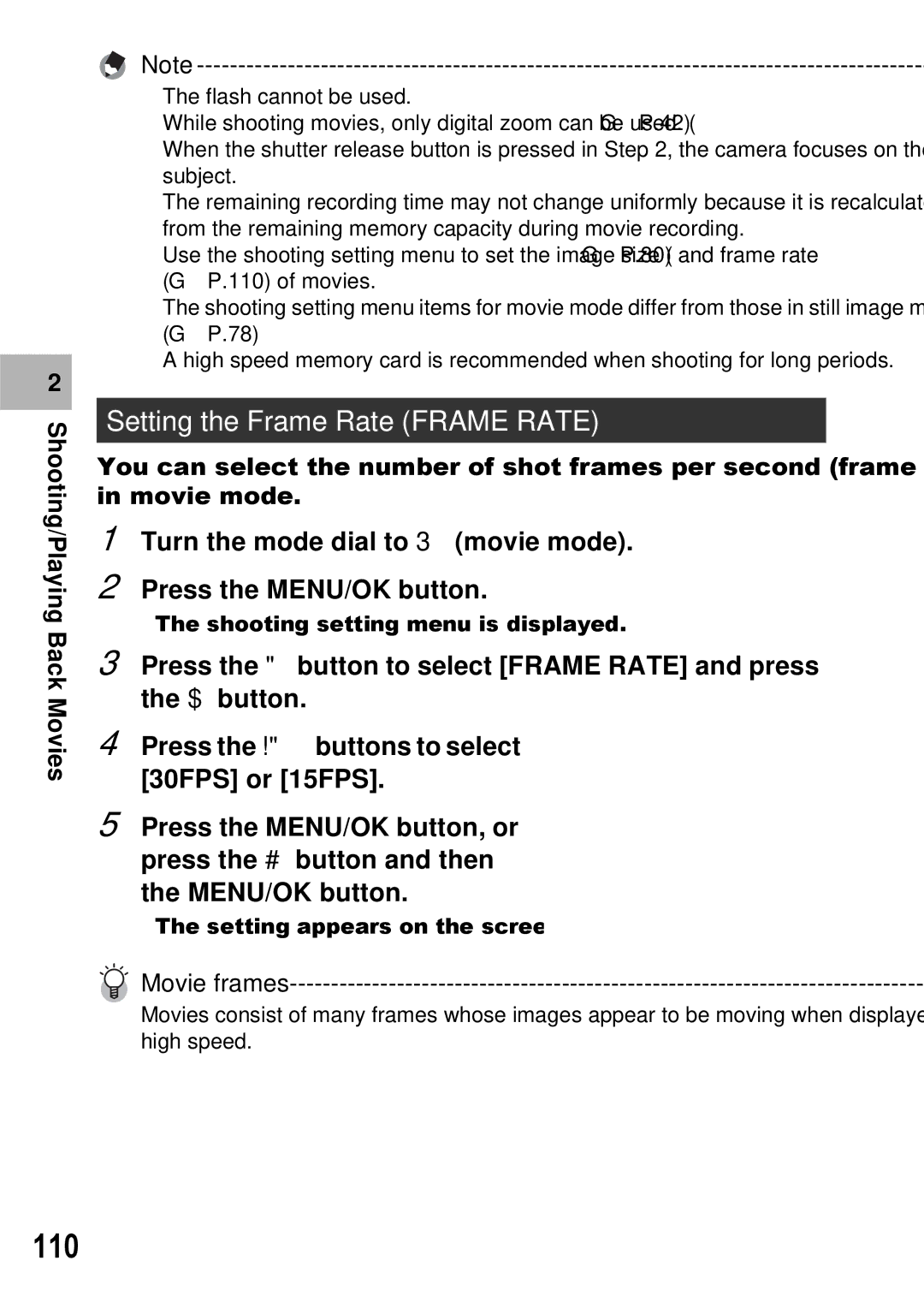 Ricoh GX100 VF 110, Setting the Frame Rate Frame Rate, Turn the mode dial to 3 movie mode Press the MENU/OK button 