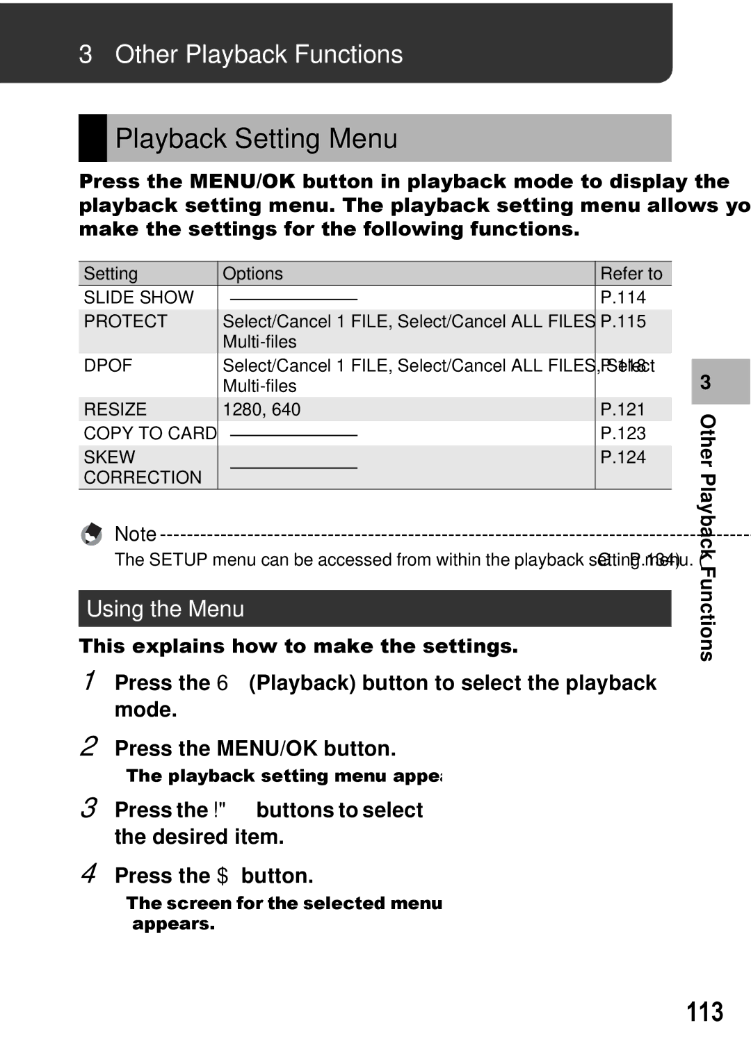 Ricoh GX100 VF manual Playback Setting Menu, 113, Other Playback Functions, Using the Menu 