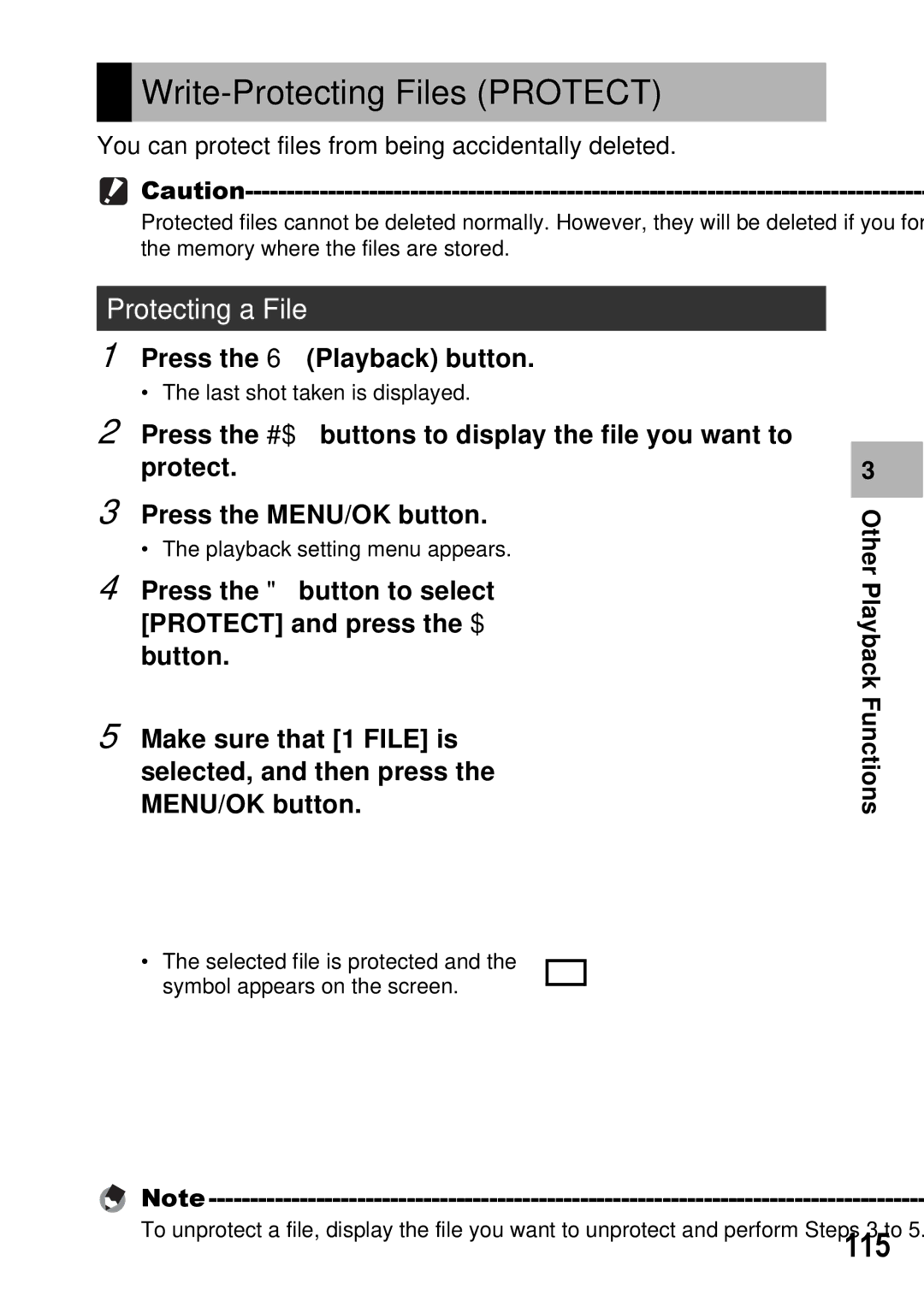 Ricoh GX100 VF manual Write-Protecting Files Protect, 115, Protecting a File 