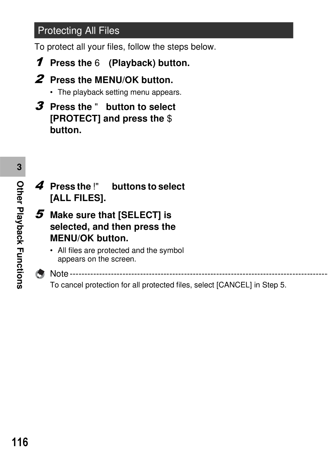 Ricoh GX100 VF manual 116, Protecting All Files, Press the 6 Playback button Press the MENU/OK button 